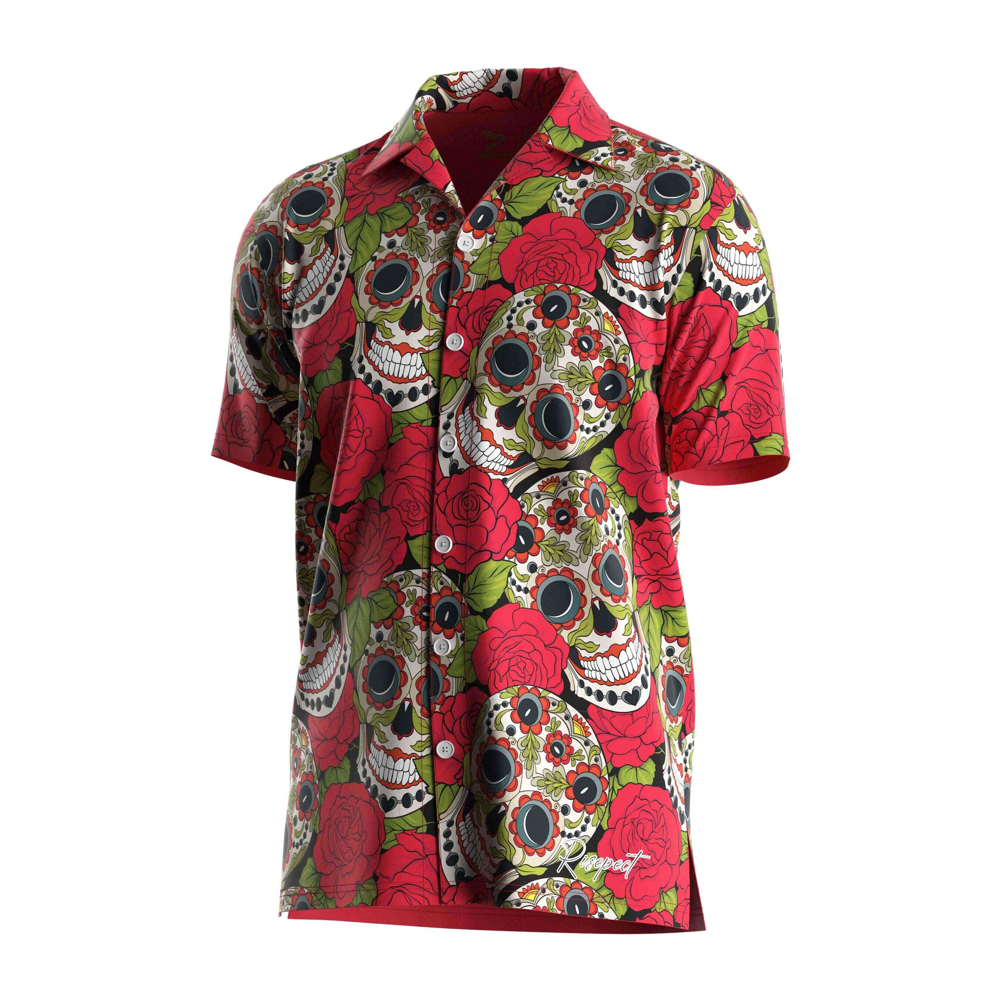 
                RISE OEM Hawaiian shirts Red rose skull beach wear V Neck short sleeves button up