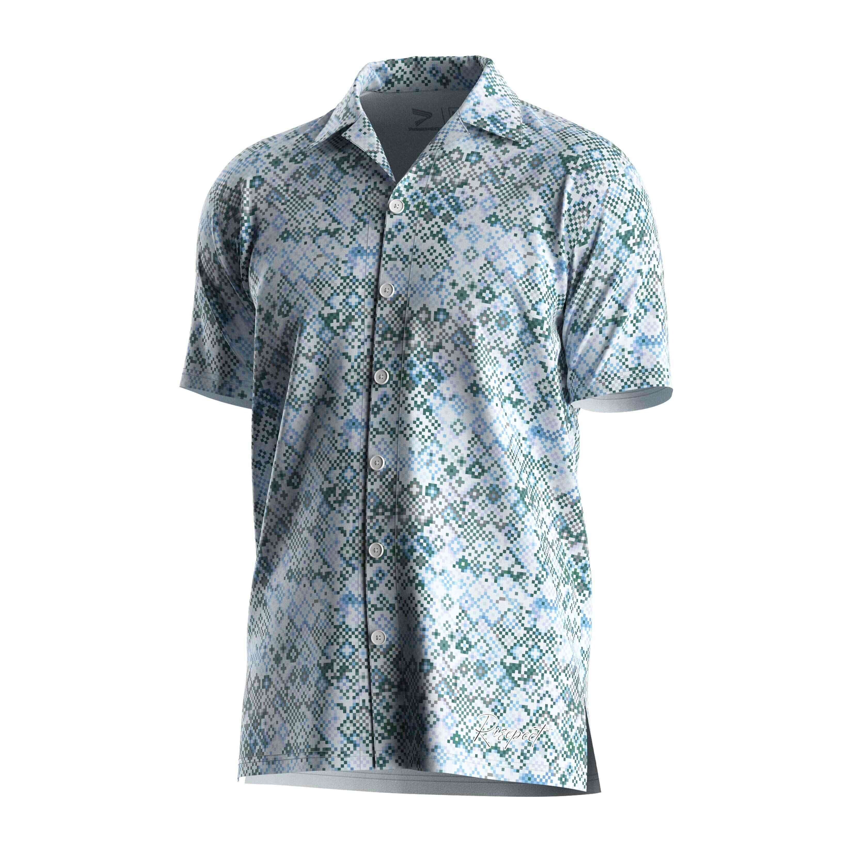 
                RISE ODM hawaii shirt mosaic blue and green dots beach wear V Neck short sleeves button up