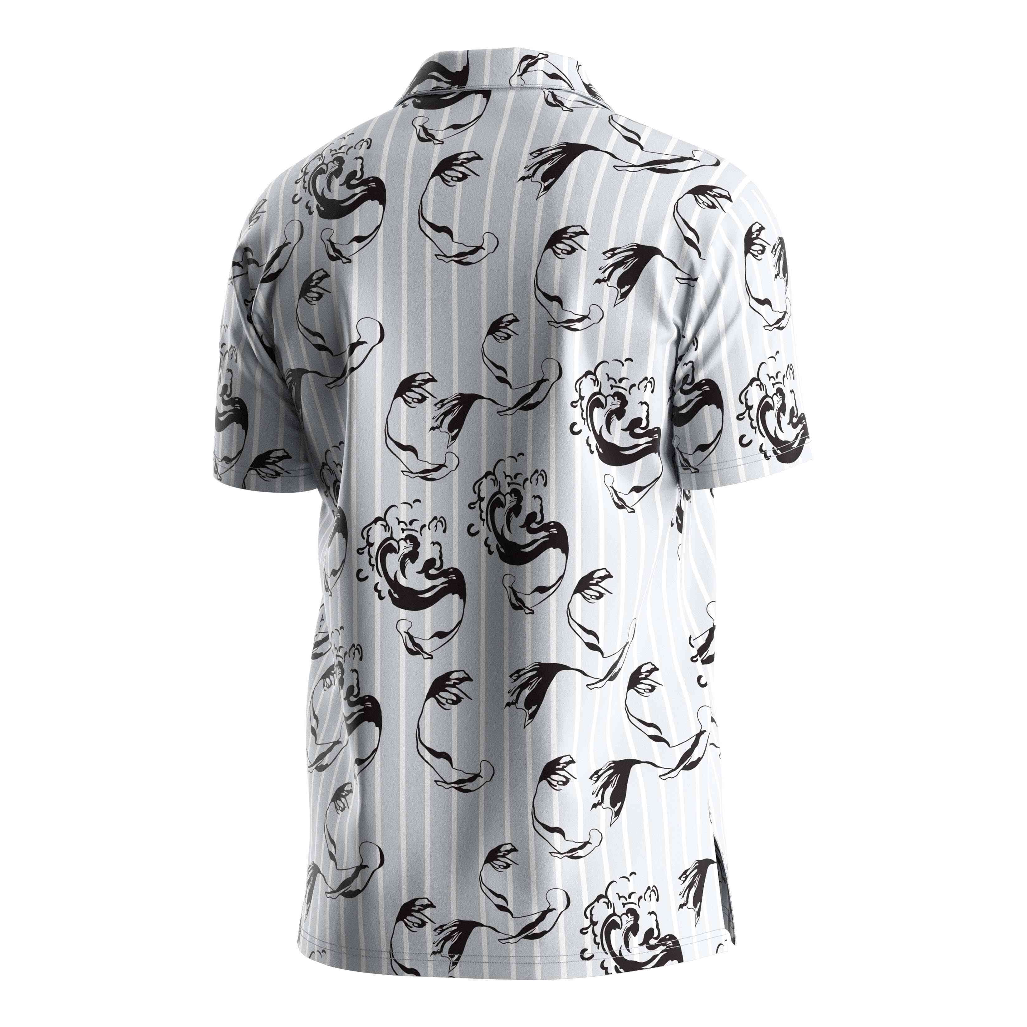 
                RISE OEM Hawaiian shirts black and white sea wave mermaid beach wear V Neck short sleeves button up