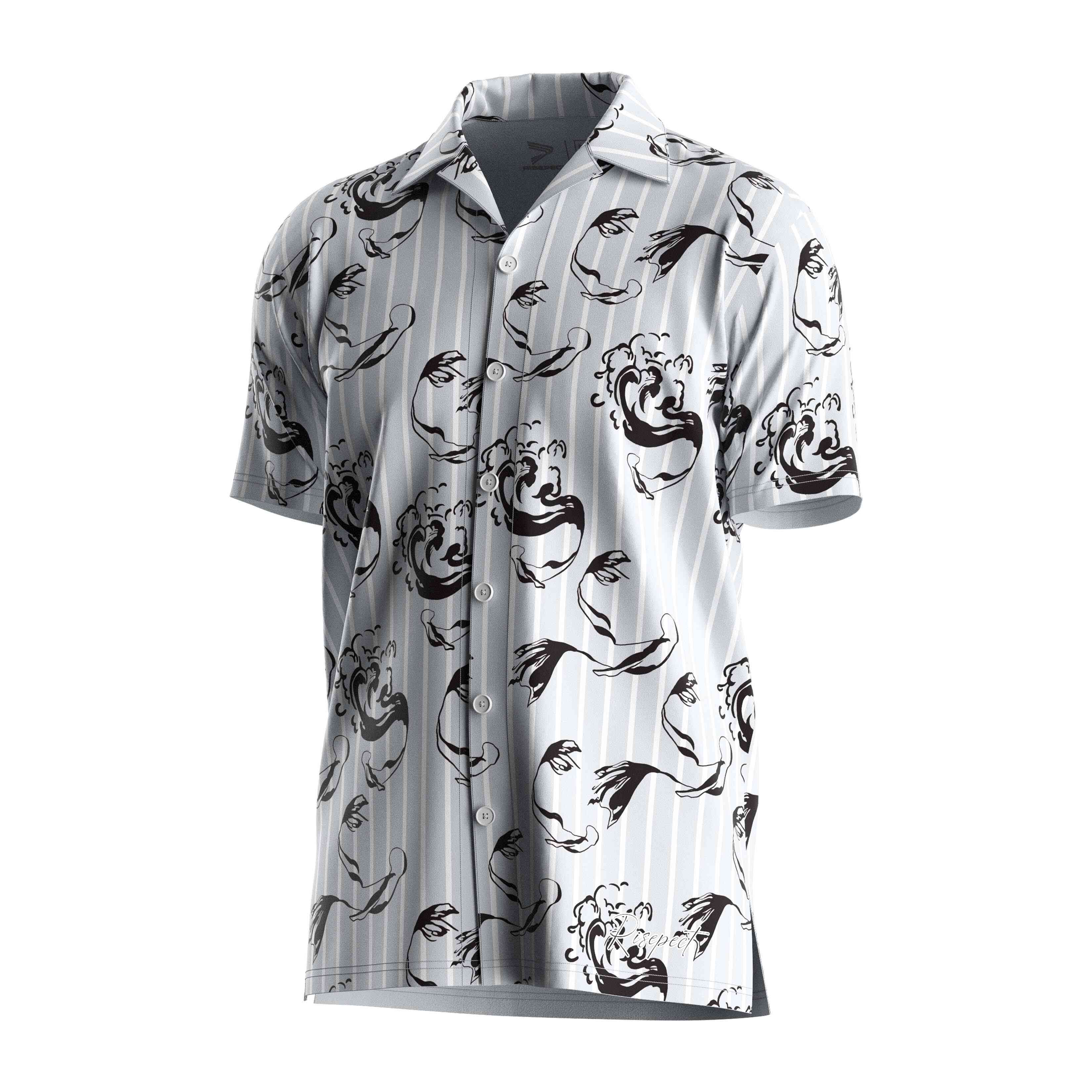 
                RISE OEM Hawaiian shirts black and white sea wave mermaid beach wear V Neck short sleeves button up