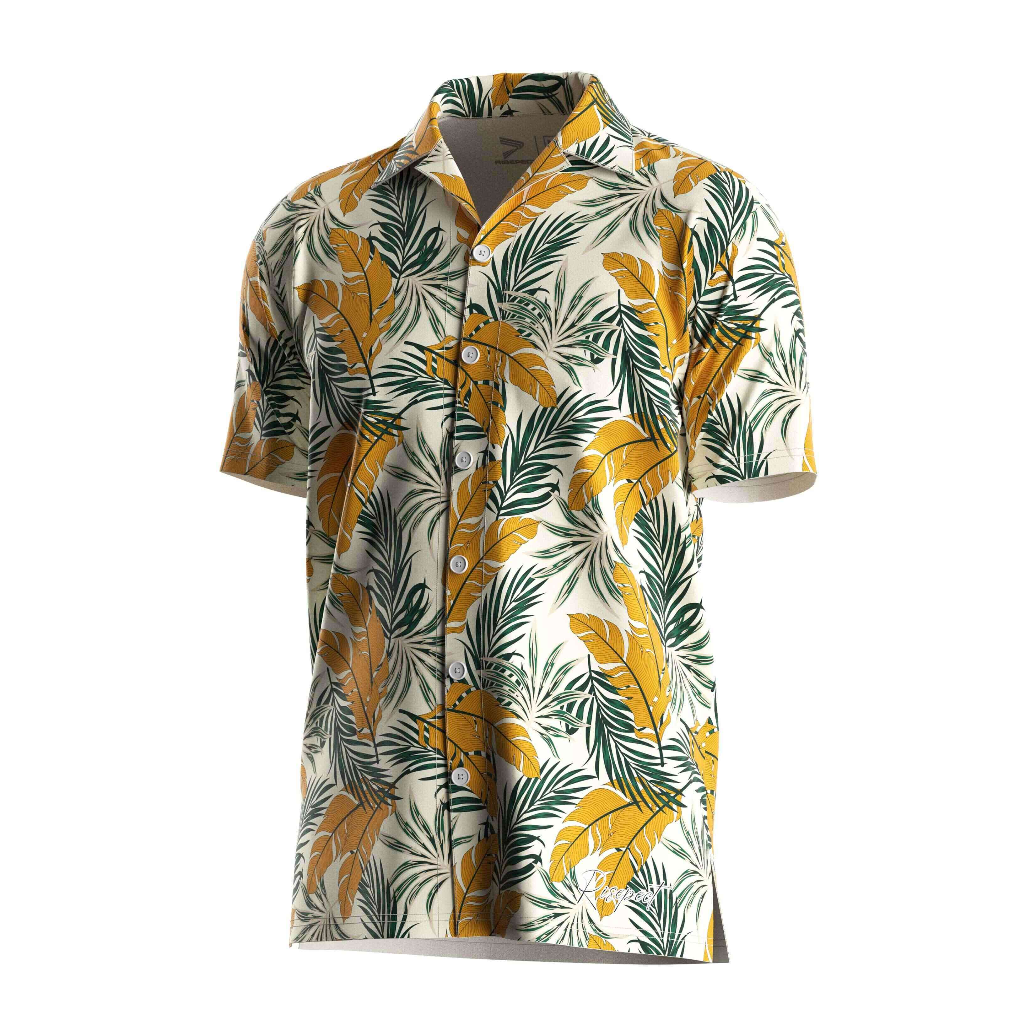 
                RISE OEM Hawaiian shirts yellow and green tropical leaf plants beach wear V Neck short sleeves button up