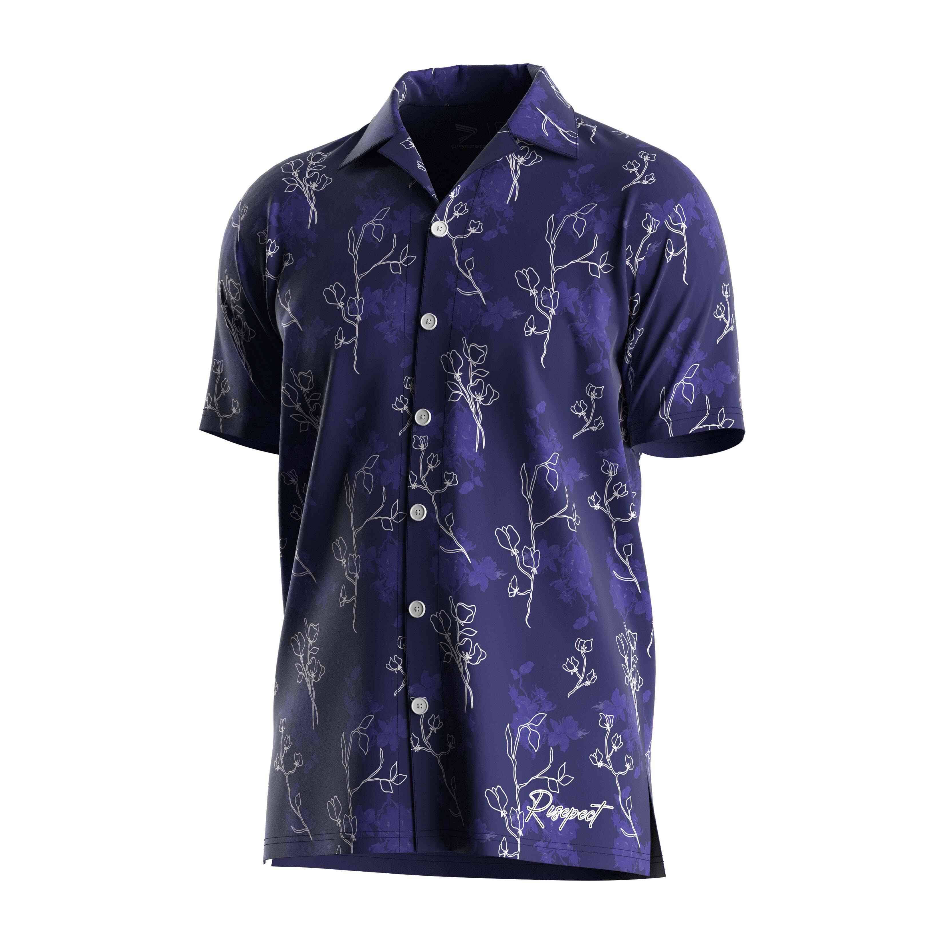 
                RISE template Hawaiian shirt purple and blue dotted white bouquet beach wear V Neck short sleeves button up