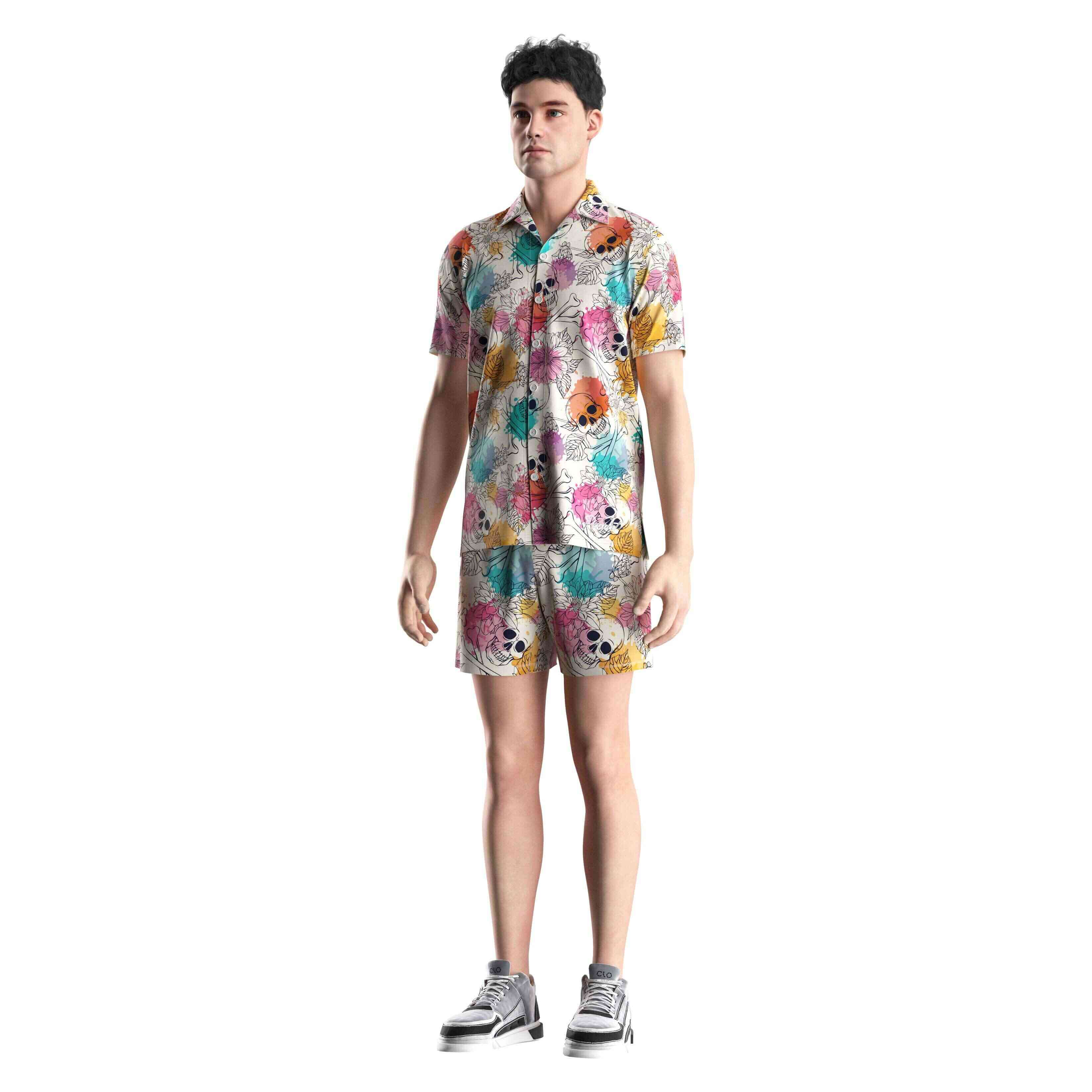 
                RISE wholesale hawaii shirts art skull flower spray beach wear V Neck short sleeves button up