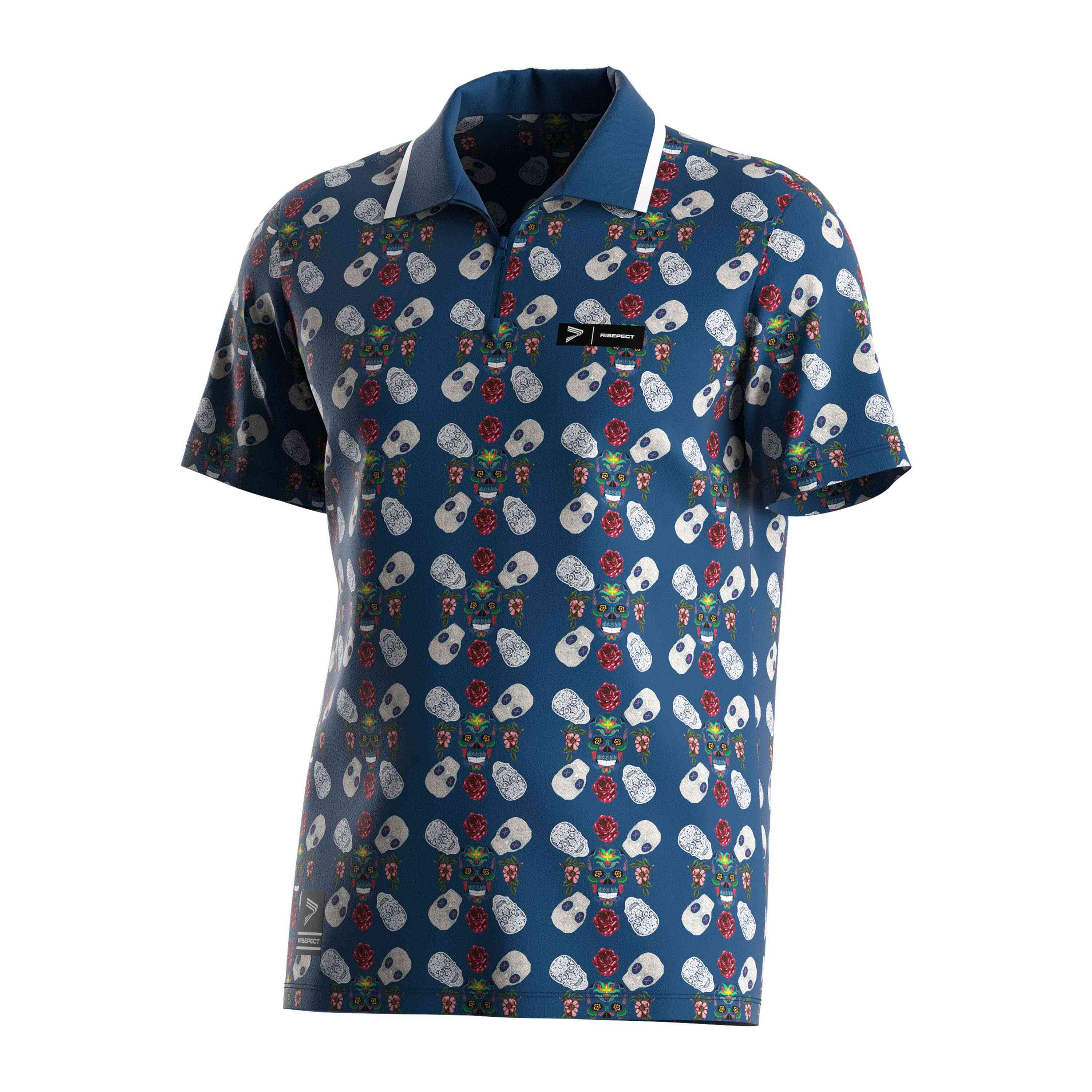 
                RISE corporate polo shirts wholesale classic zipper blue skull polo shirt
