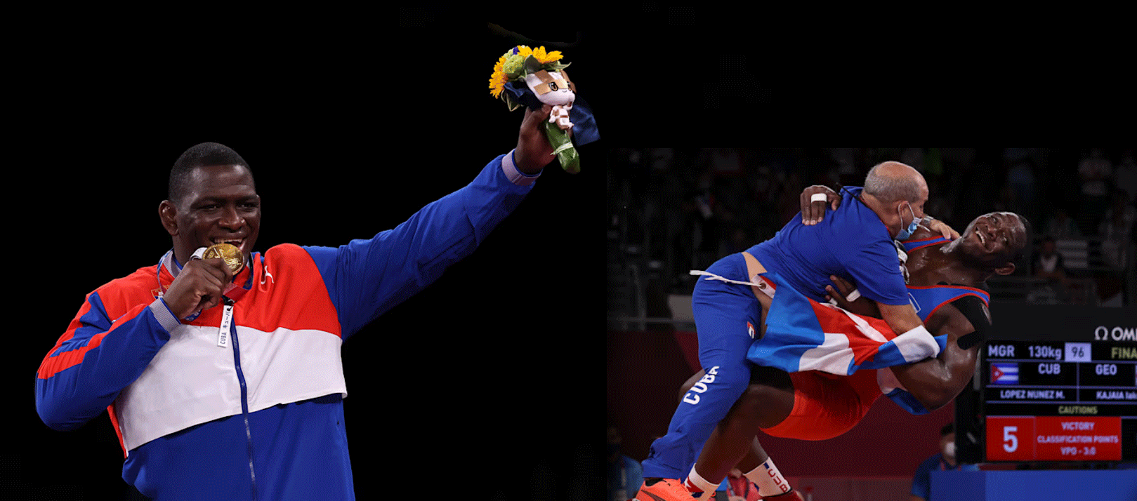 Smiling happy Mijaín López Núñez in sublimated Wrestling Singlets join 2024 Olympic won gold