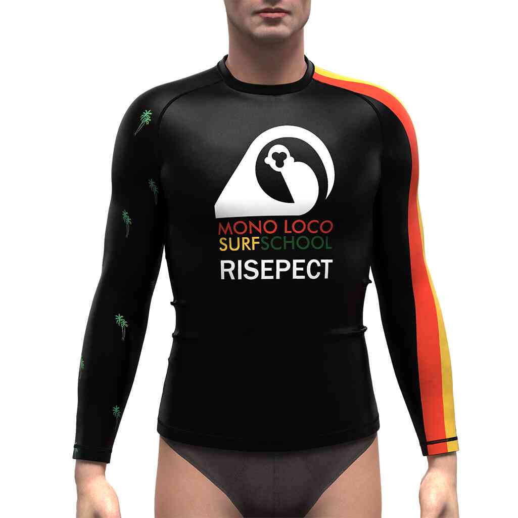 Male model in Black Surf School Men's Women's Canada Rash Guard Shirt Surfing Rash Guard front view