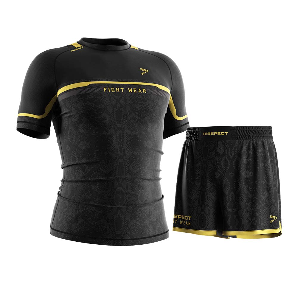 
                Rise fight shorts and ss rash guards 2 in 1 set for BJJ MMA gold python sublimation print