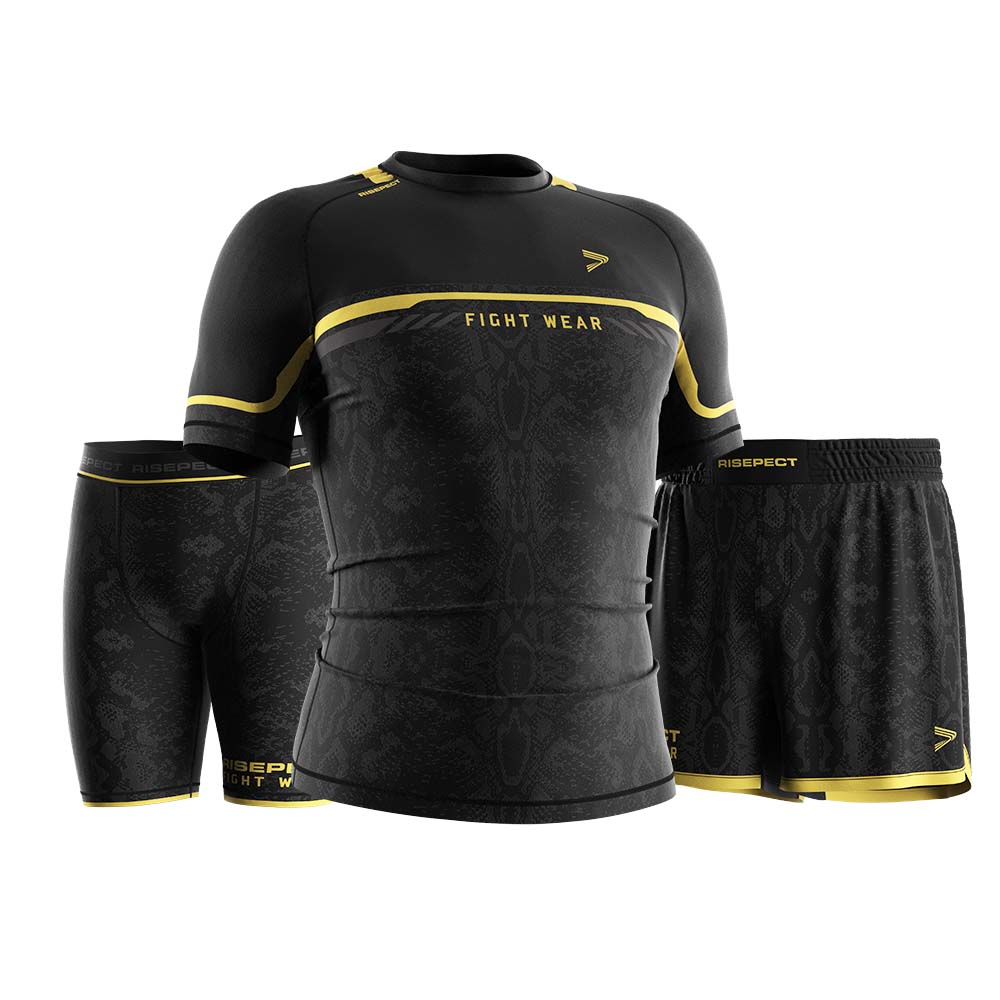 
                Rise fightwear MMA shorts Vale Tudo shorts and ss rash guards 3-in-1 set gold python