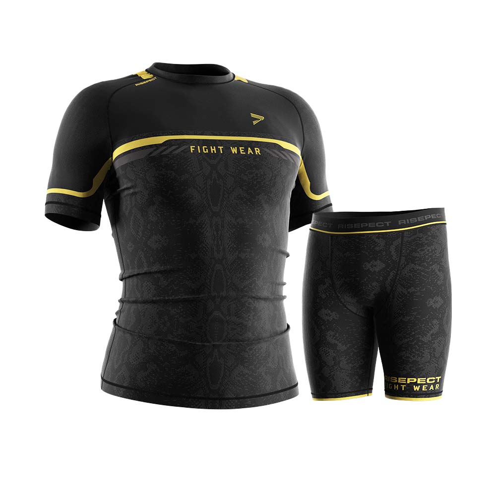 
                Rise fightwear Vale Tudo shorts and ss rash guards 2-in-1 package gold python