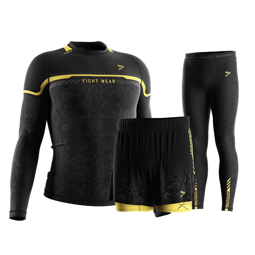 
                Rise fight rash guards long sleeve double shorts and spats 3in1 set