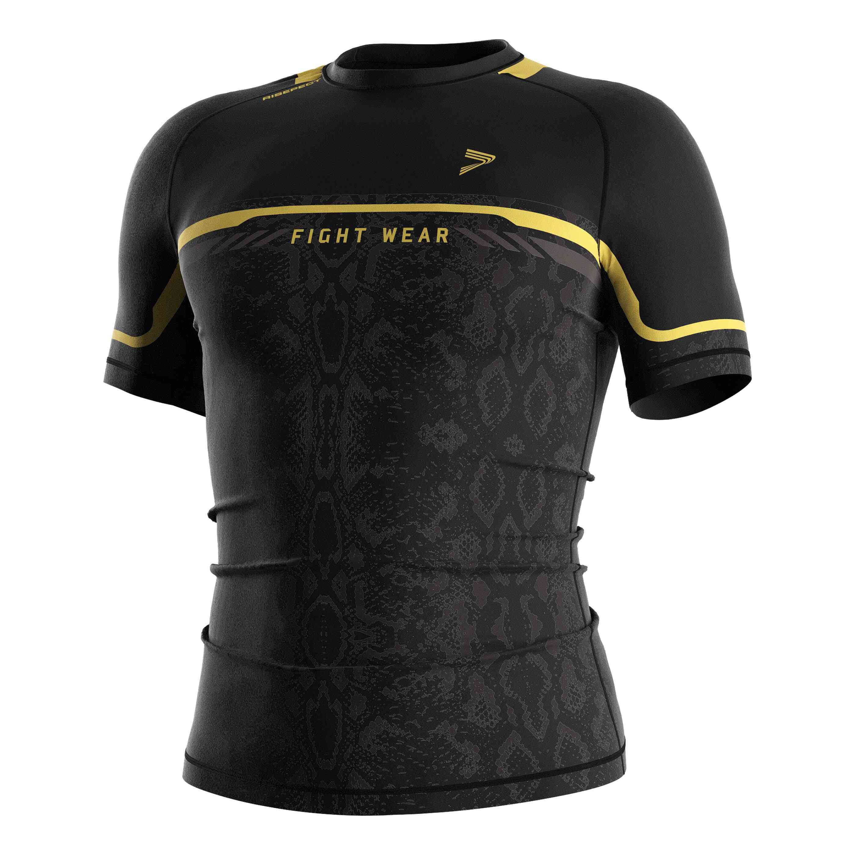 SS rash guard - Rise fightwear ss rash guards and 2-in-1 shorts set gold python sublimation