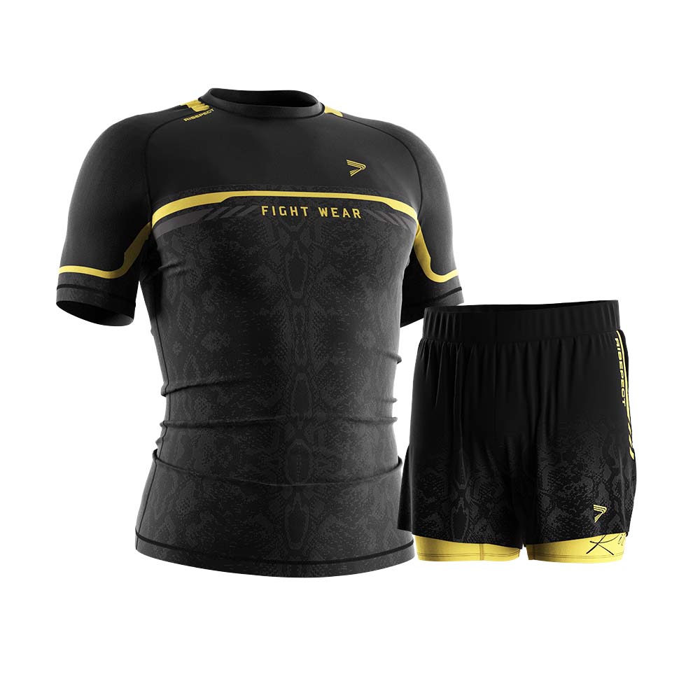 
                Rise fightwear ss rash guards and 2-in-1 shorts set gold python sublimation