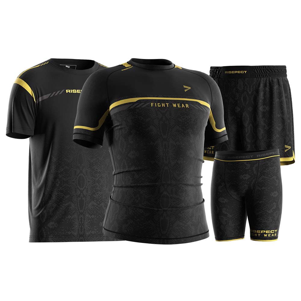 
                Rise fightwear tees rash guards ss Vale Tudo shorts and MMA shorts 4-in-1 set gold python