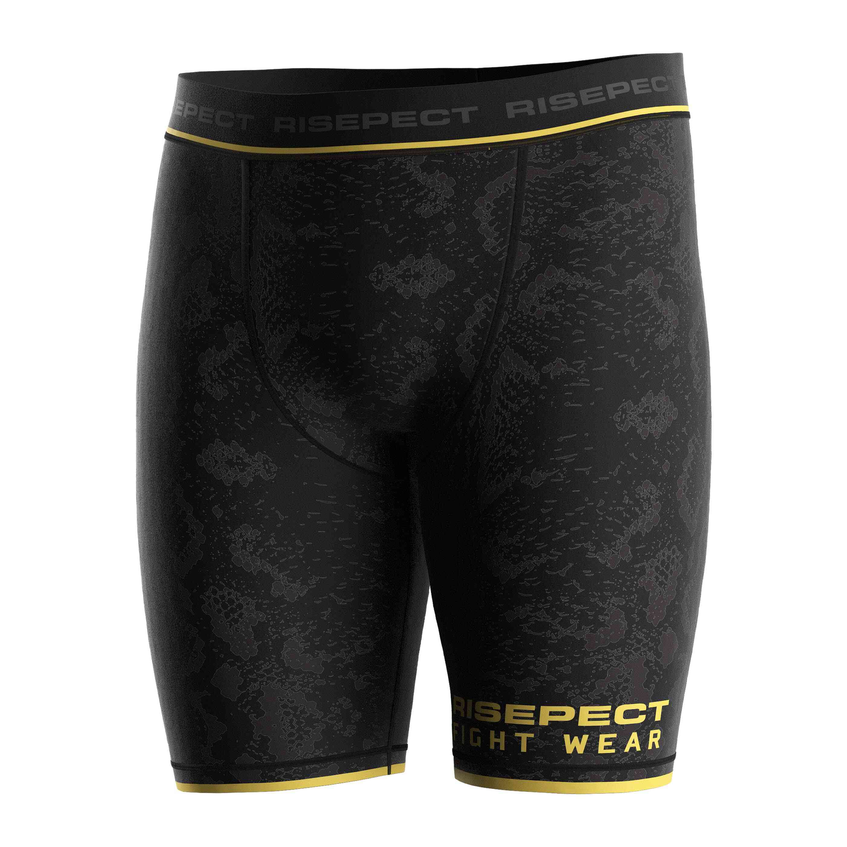 Vale Tudo shorts gold python sublimation print - Rise fightwear Vale Tudo shorts and ss rash guards 2-in-1 package gold python