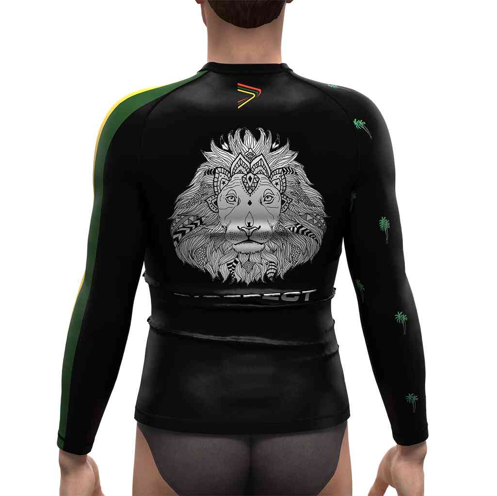 Male model in Black Surf School Men's Women's Canada Rash Guard Shirt Surfing Rash Guard back view