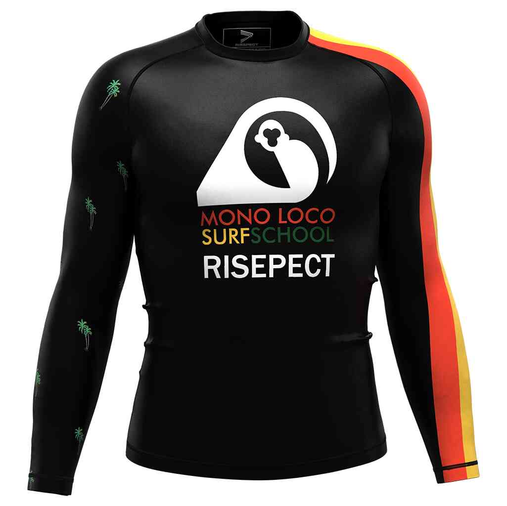 Surfing rash guards right front view - Black Surf School Men's Women's Canada Rash Guard Shirt Surfing Rash Guard