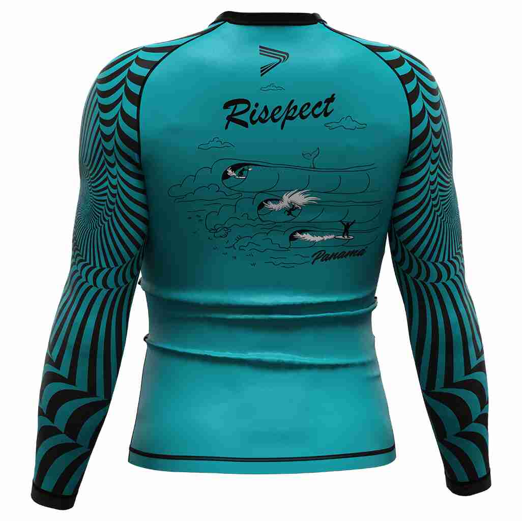 Surfing rash guards left back view - Blue Sufr School Uv Swimsuit Swimwear Under Swim Rashguard