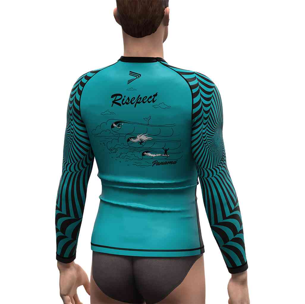 Male model in surfing rash guards back view