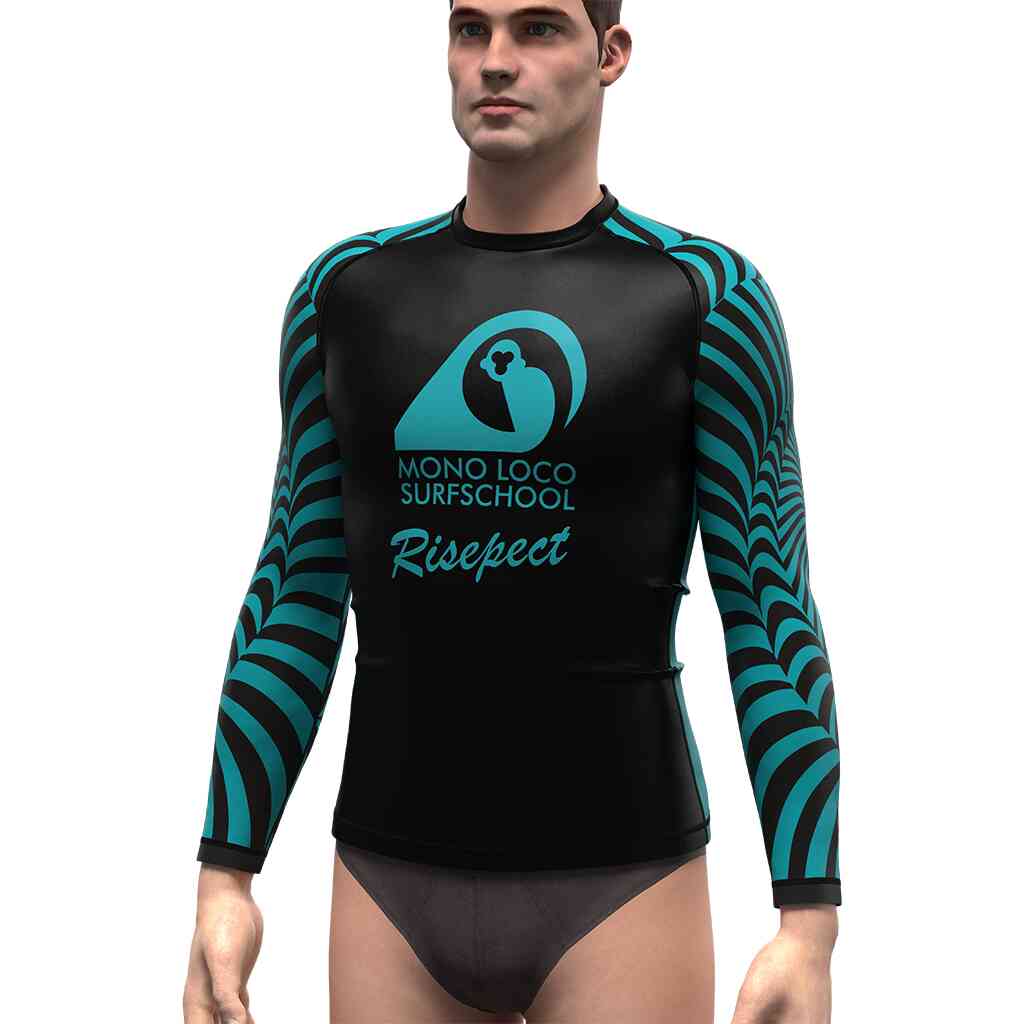 Male model in surfing rash guards front view