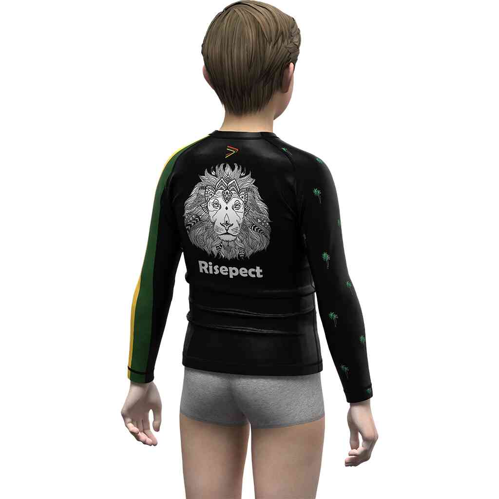 Kids model in surfing rash guards back view