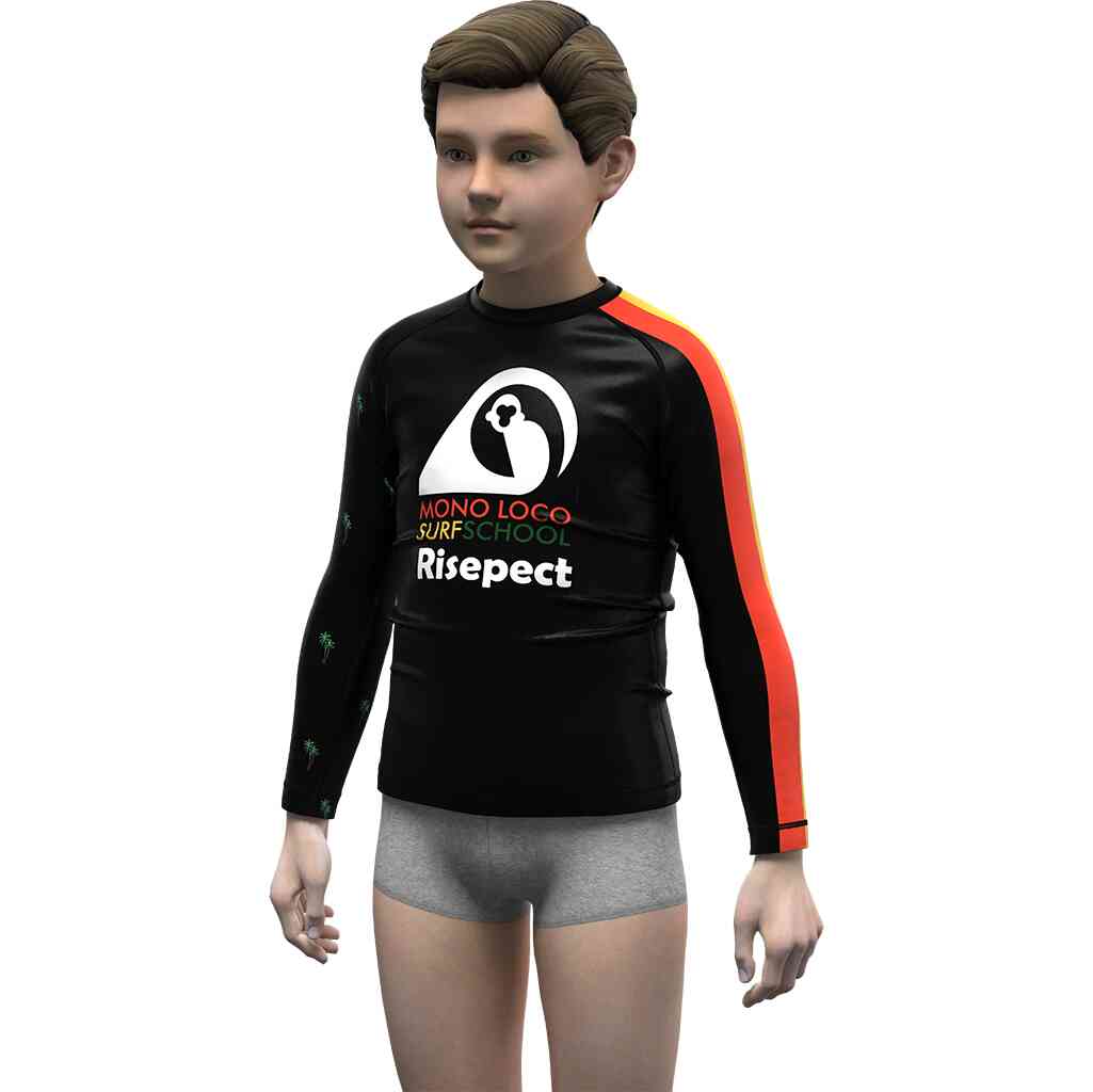 Kids model in surfing rash guards front view