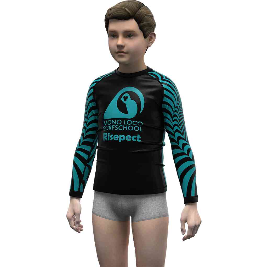 Boy kids model in surfing rash guards front view, Risepect Blue Sea Baby Toddler Boy Salty Swim Rash Guard