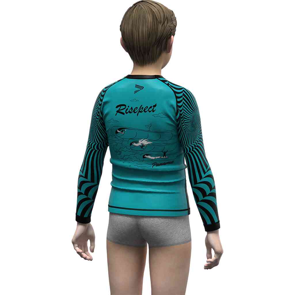 Boy kids model in surfing ls rash guards back view, Risepect Blue Sea Baby Toddler Boy Salty Swim Rash Guard