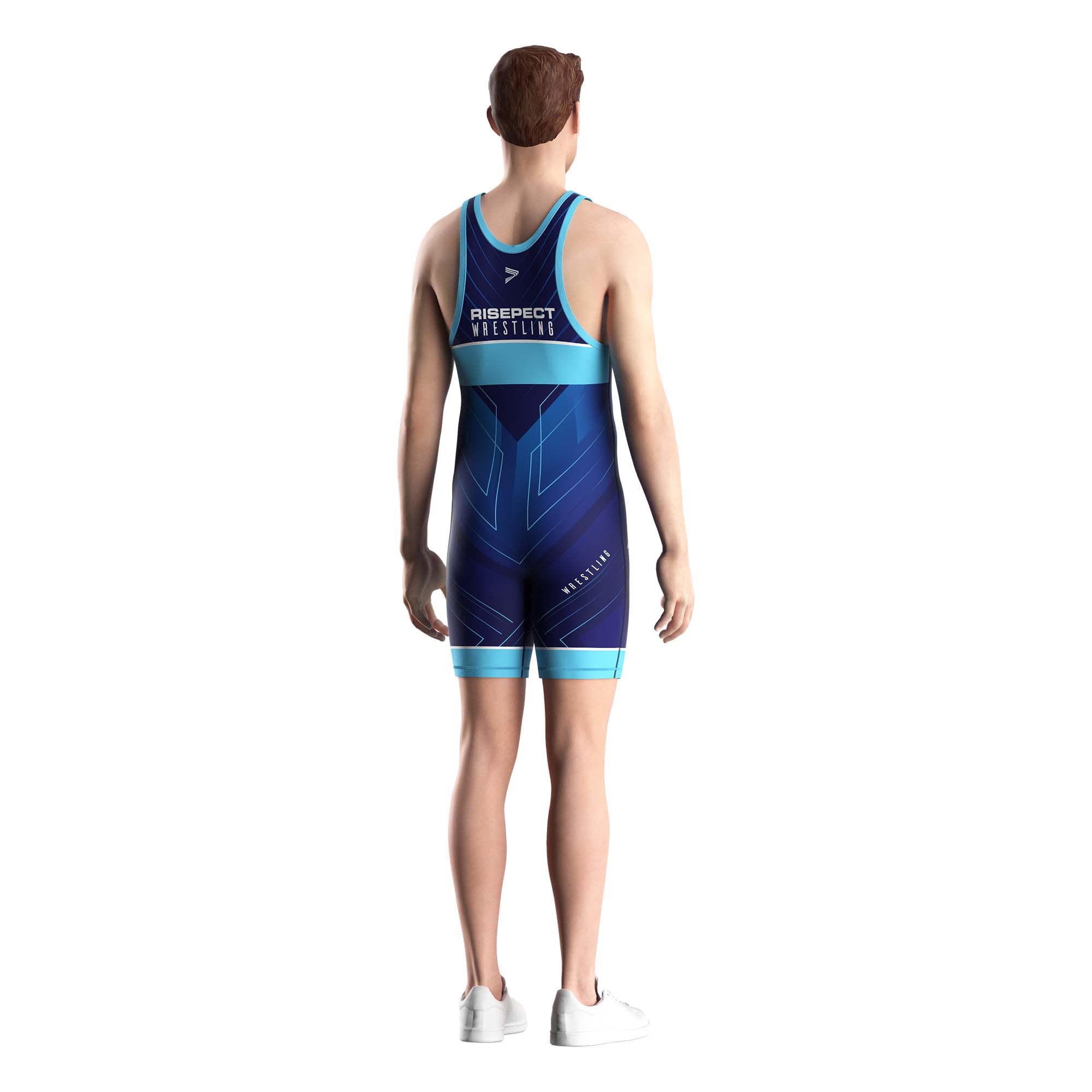 Male model in Rise wrestling patriot singlets wholesale purple and blue back