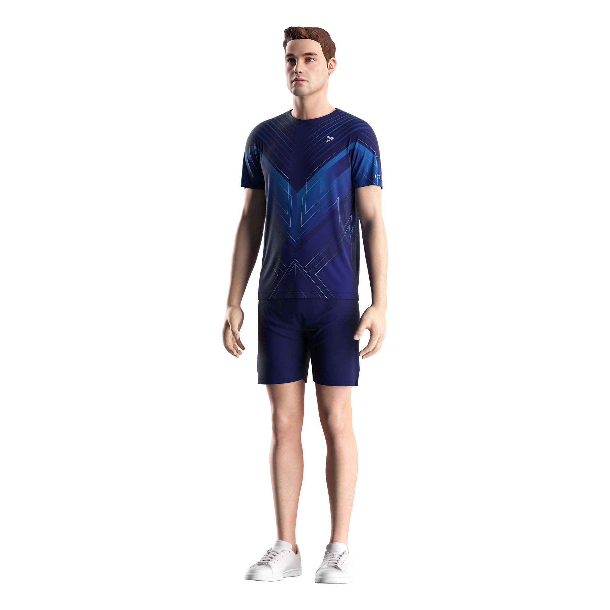 Male model in Rise athletic tees wholesale patriot purple and blue front