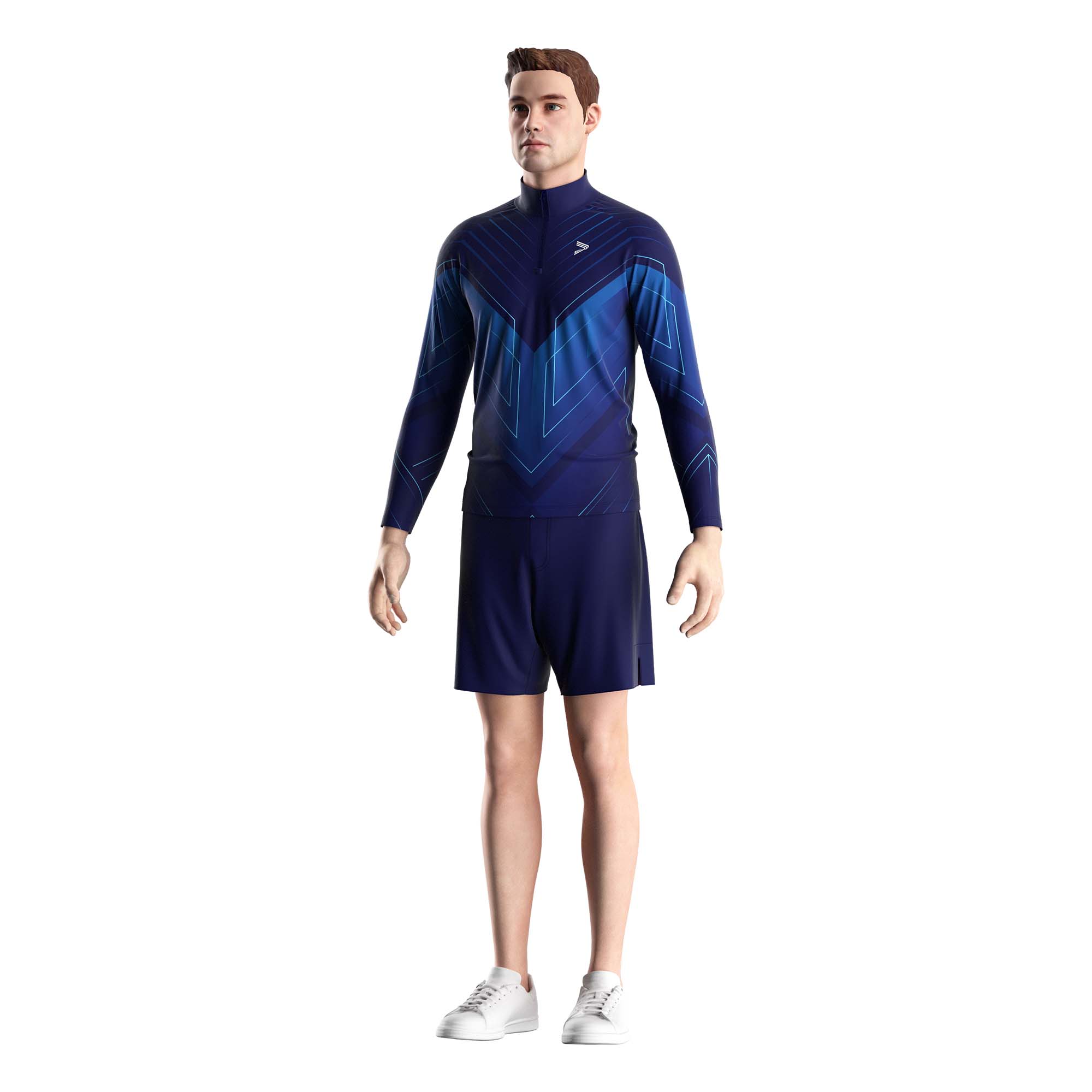 Male model in Rise athletic quarter zip pullover wholesale patriot purple and blue front