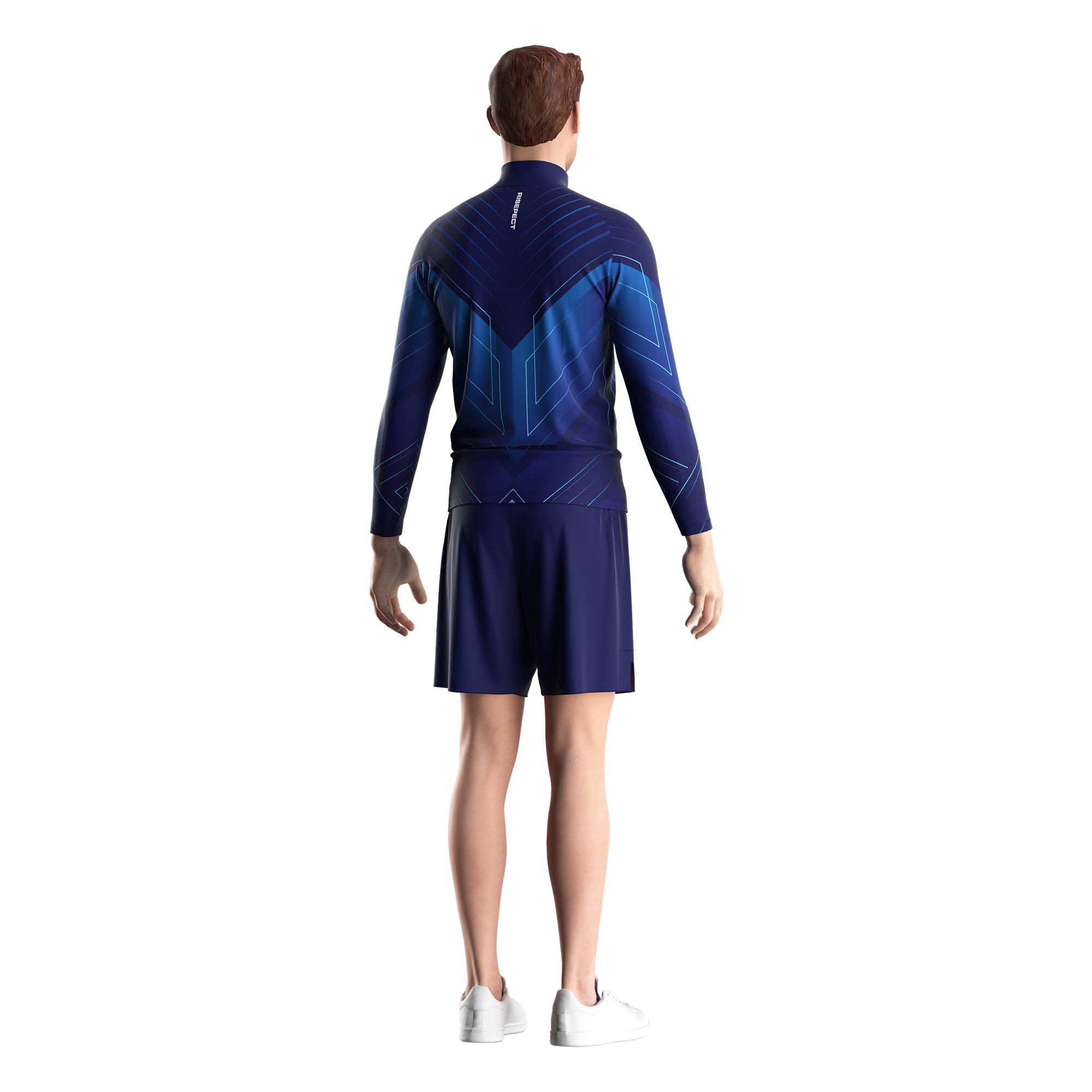 Male model in Rise athletic quarter zip pullover wholesale patriot purple and blue back