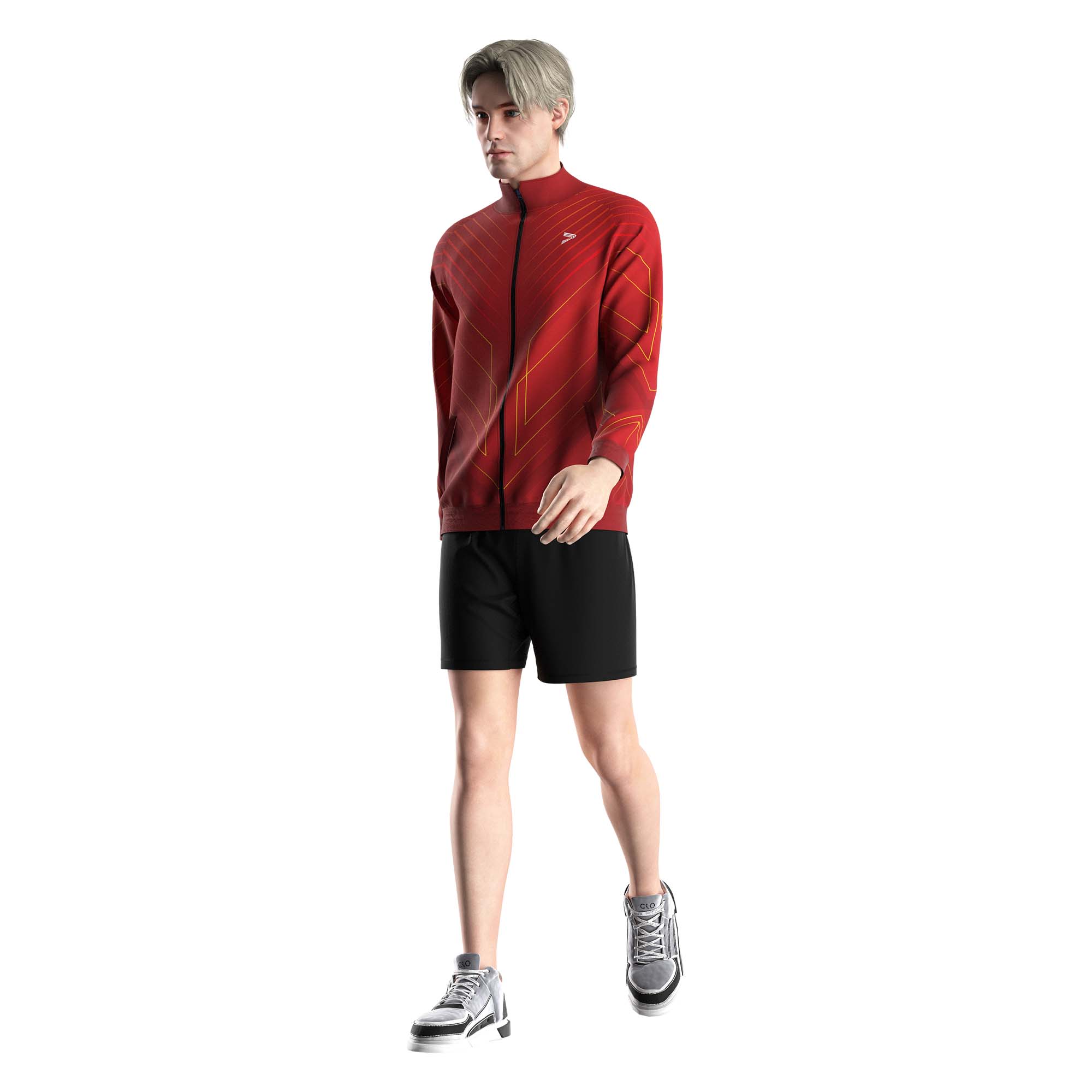 Male model in Rise athletic zip up jackets wholesale patriot red front