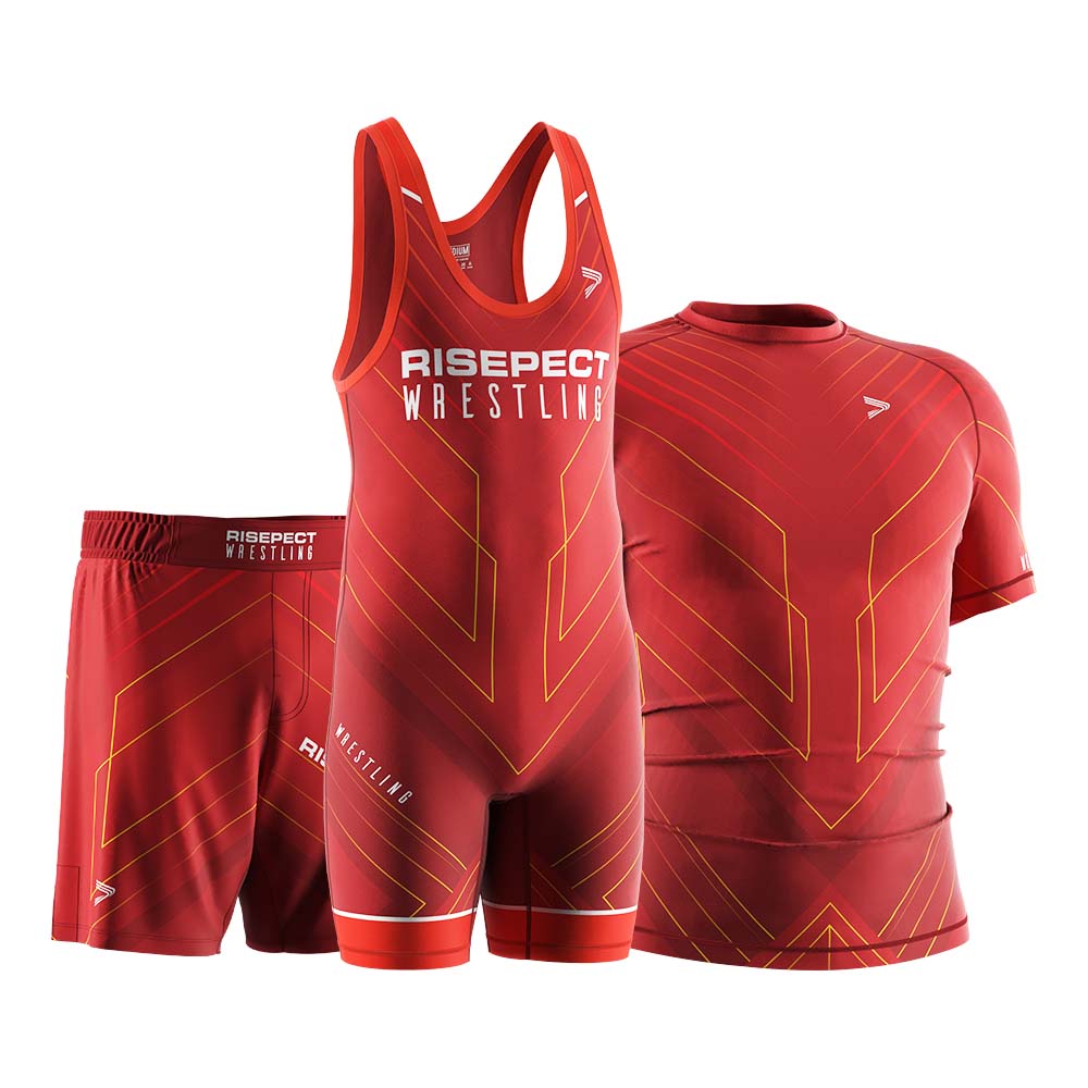 Rise wrestling 3in1 set red shorts patriot singlets ss rashguard