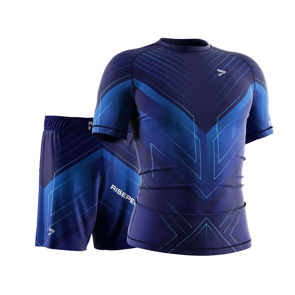 Rise wrestling 2 in 1 package patriot ss rash guard and wrestling shorts purple and blue