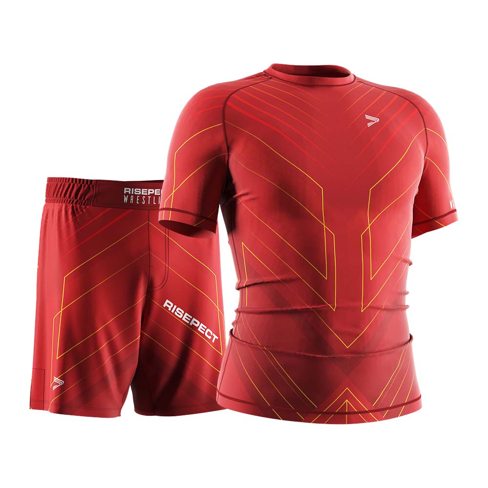 Rise wrestling 2 in 1 package red patriot ss rash guard and wrestling shorts