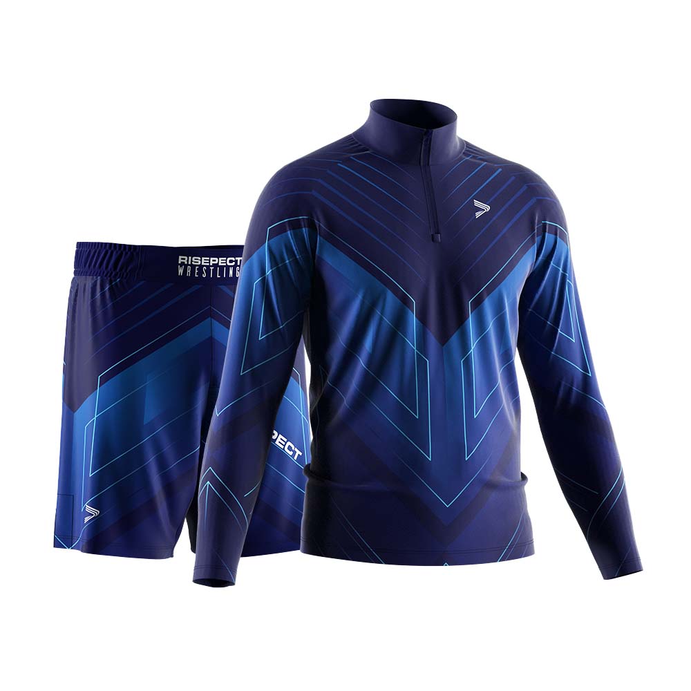 Rise wrestling 2 in 1 package patriot q zip pullover and wrestling shorts purple and blue