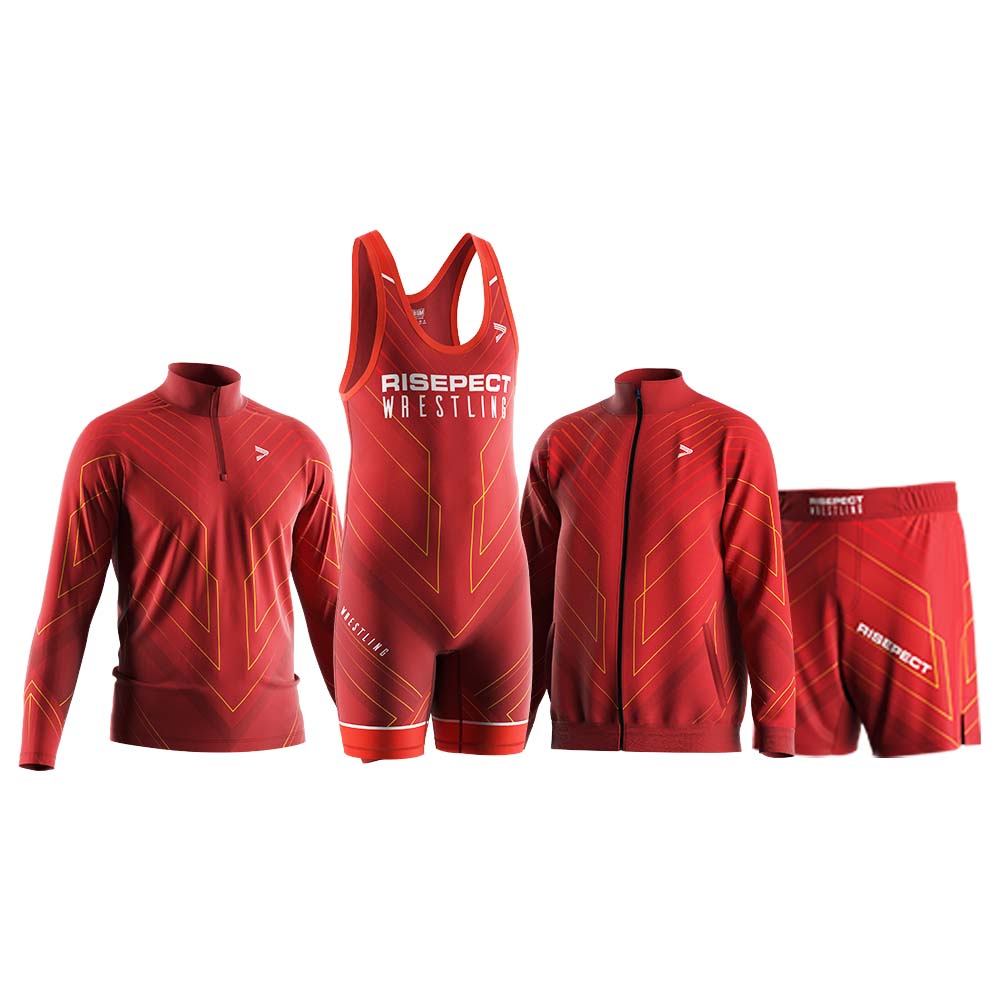 Rise wrestling 4in1 set red patriot q-zip singlets zip jacket shorts