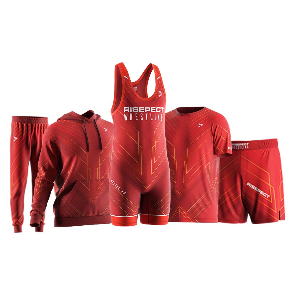 
                Rise wrestling 5in1 set red patriot singlets shorts joggers hoodie tees