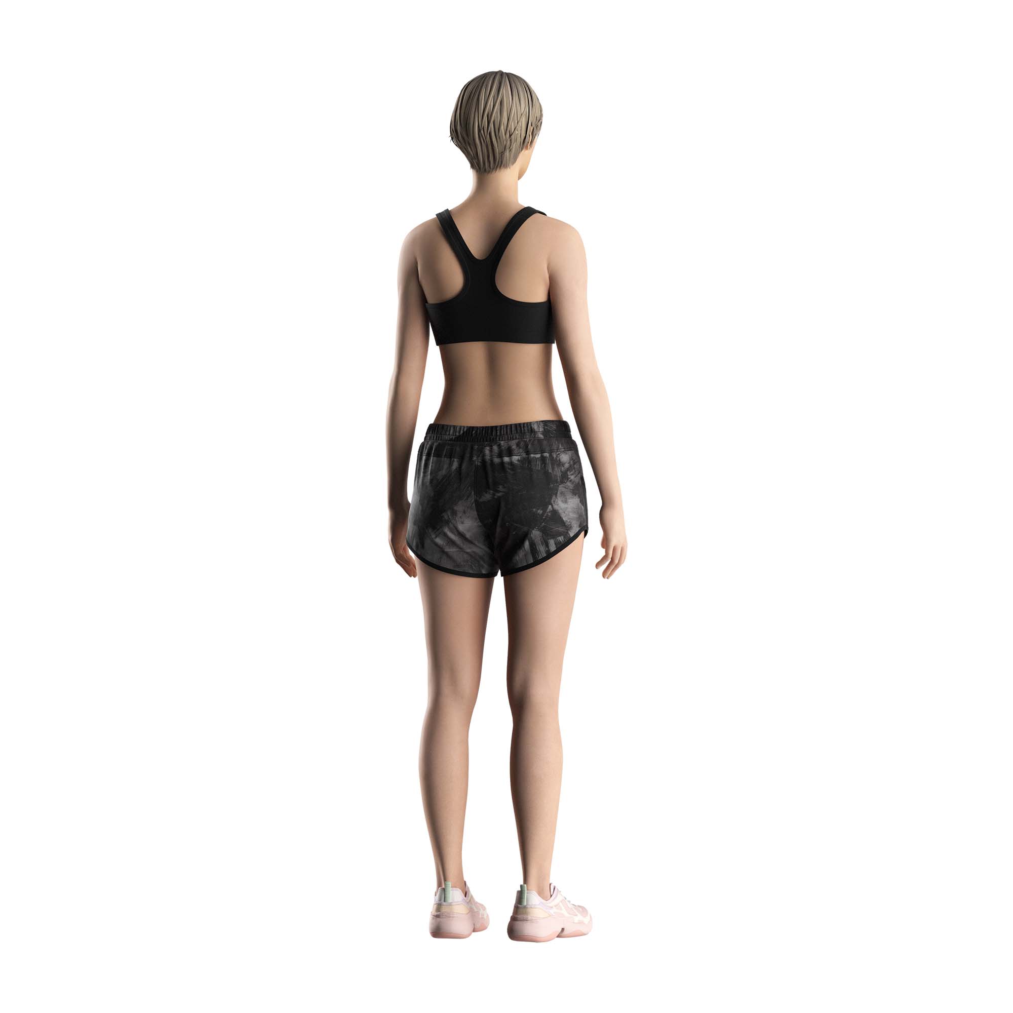 Lady model in Rise active wear black camouflage single layer shorts Risepect women back