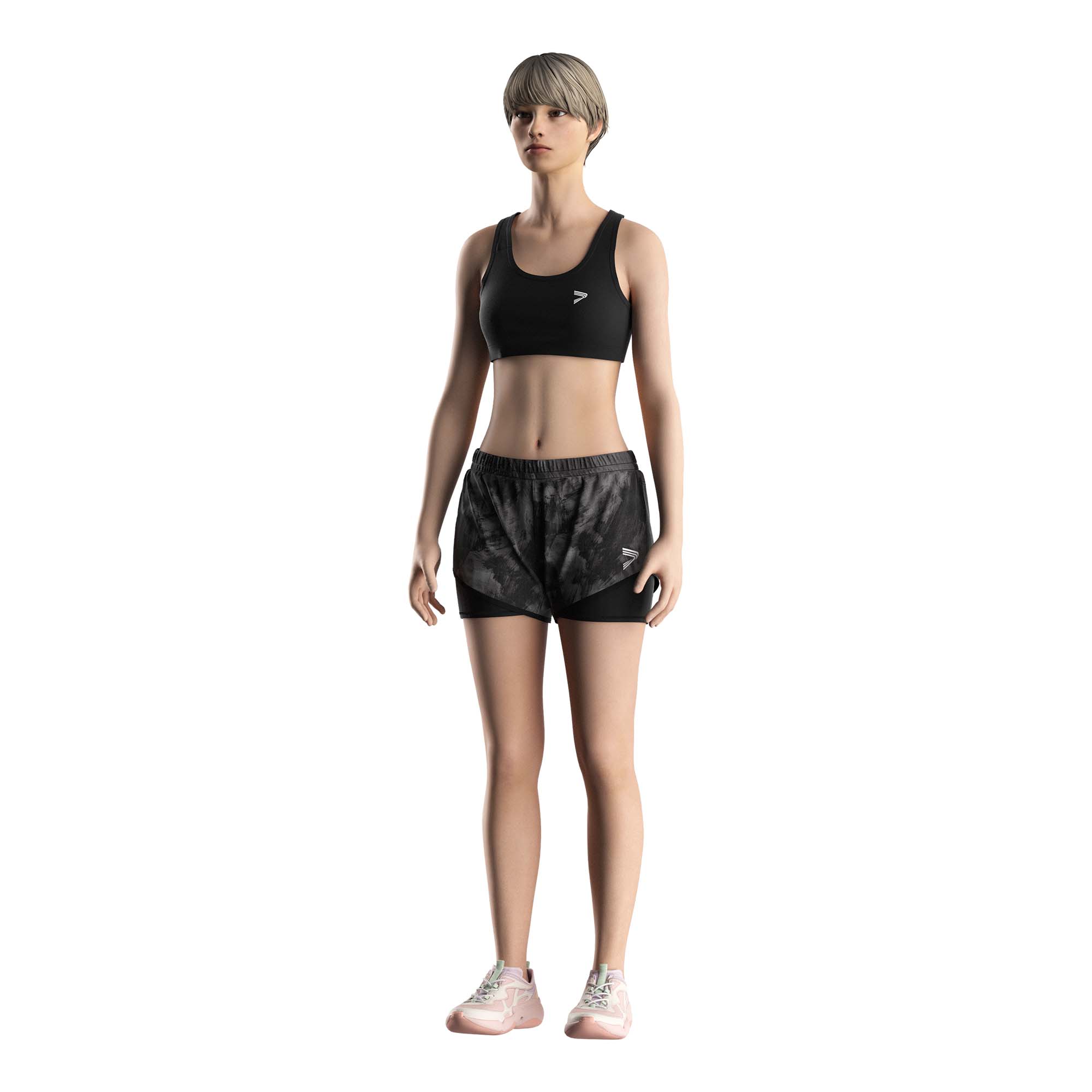 Lady model in Rise Active Wear Black Camouflage Double Shorts Wholesale Risepect front