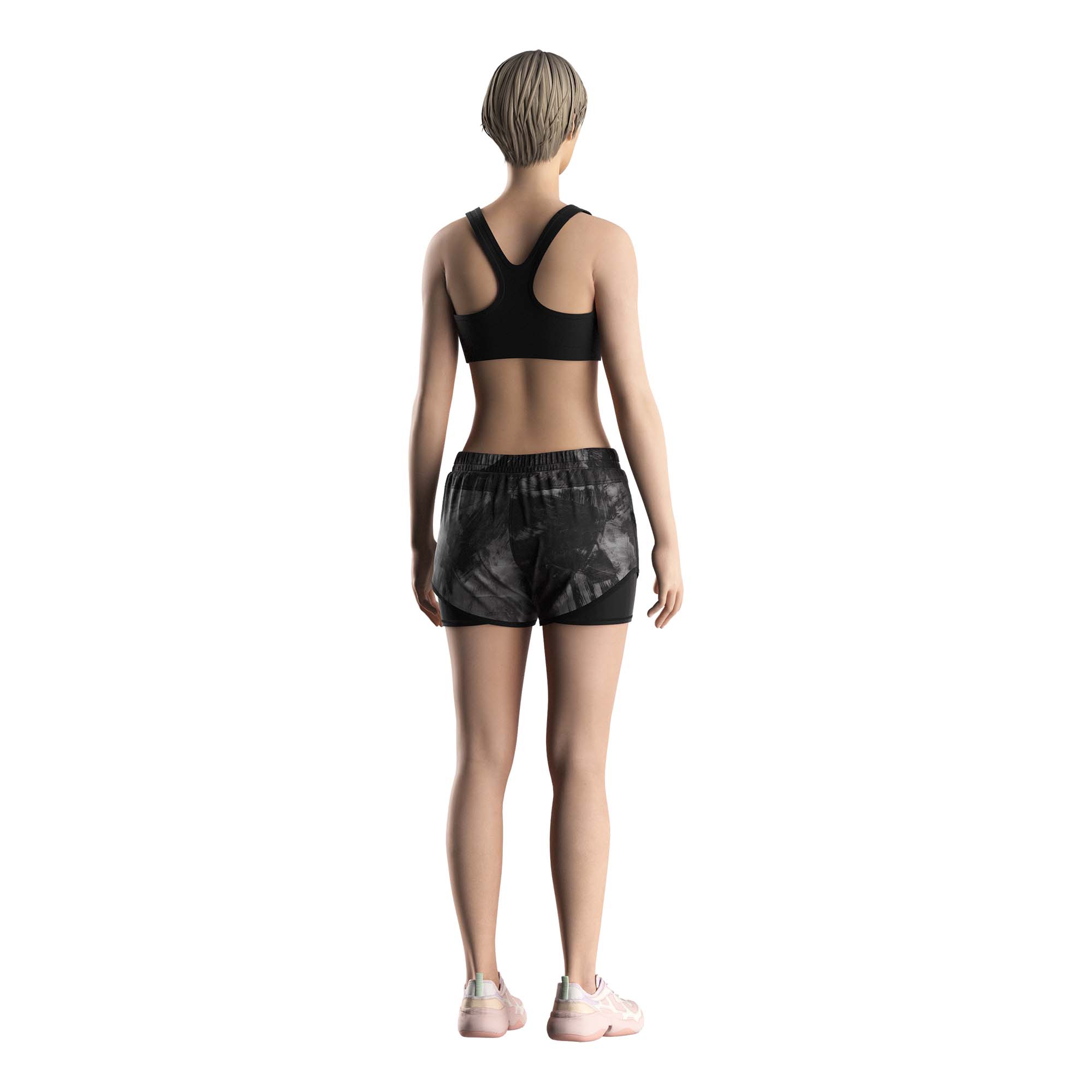 Lady model in Rise Active Wear Black Camouflage Double Shorts Wholesale Risepect back