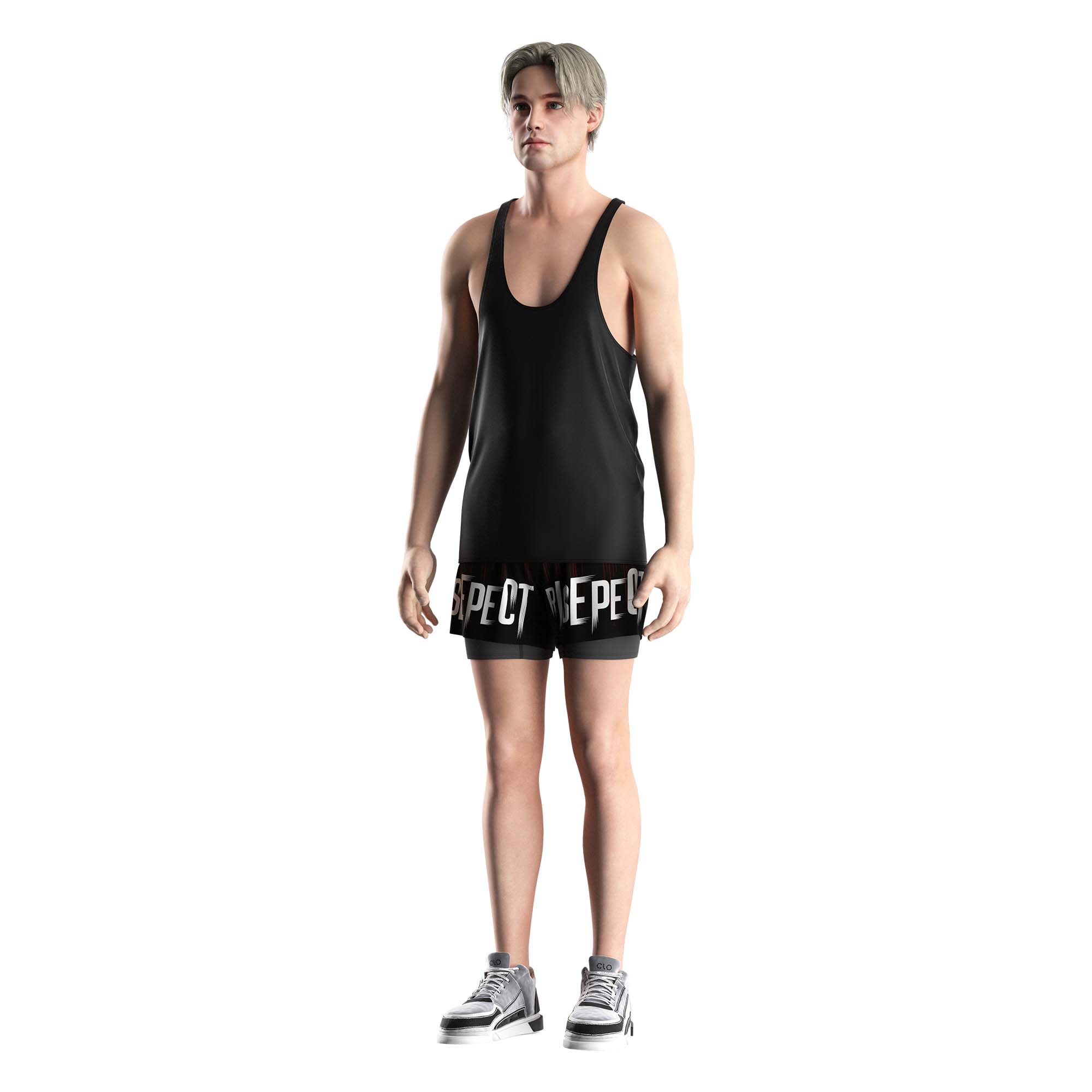 Men model in Rise athletic clothing black double shorts wholesale Risepect front