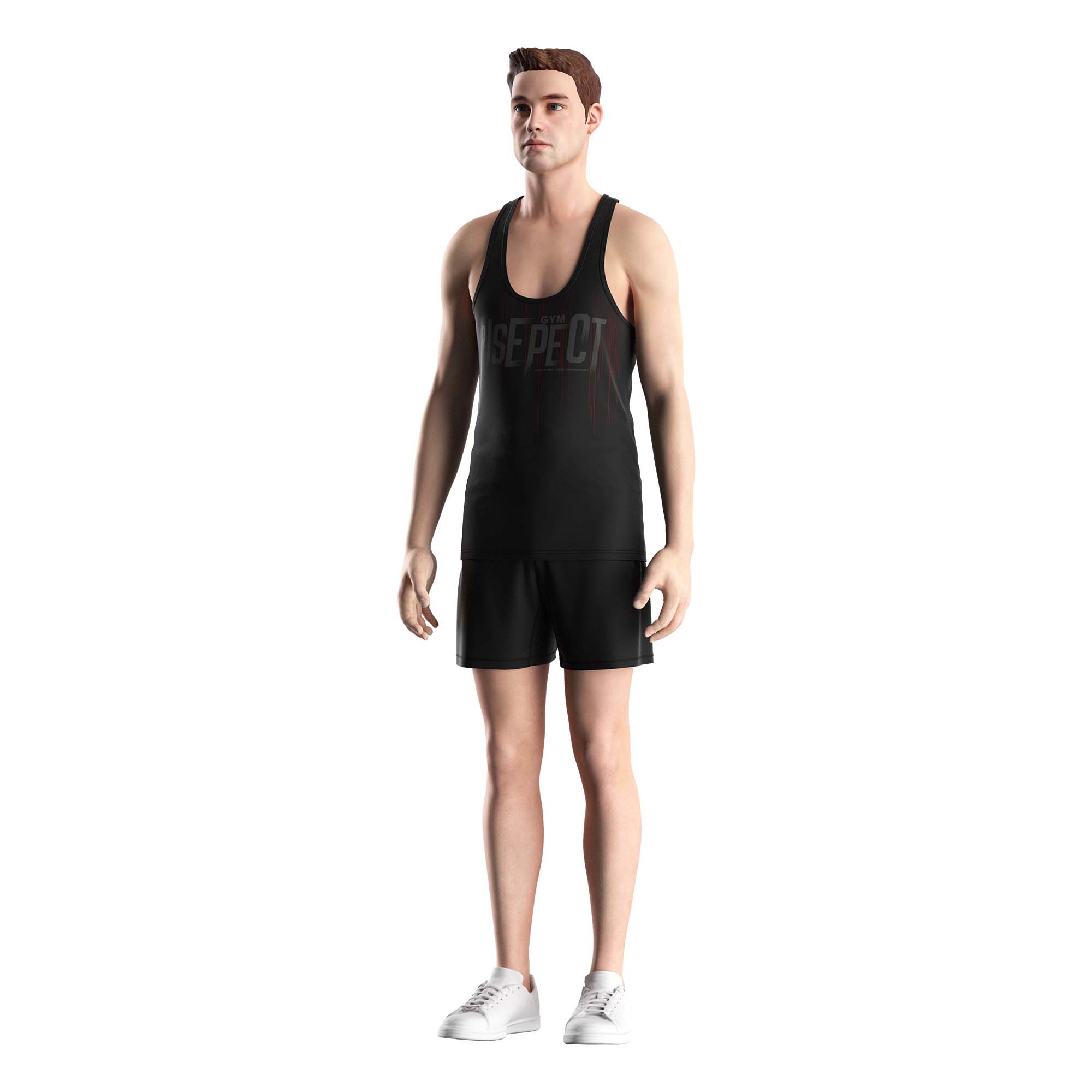 Men model in Rise athletic clothing black men stringers wholesale Risepect front