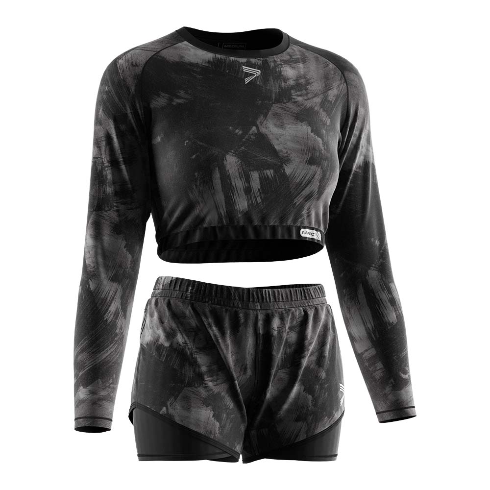 
                Rise active women ls crop shirt and double shorts 2in1 set wholesale black camouflage