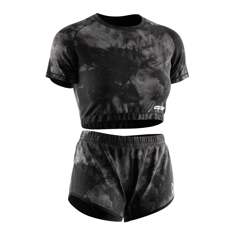 
                Rise active women ss crop and sports shorts 2in1 set wholesale black camouflage