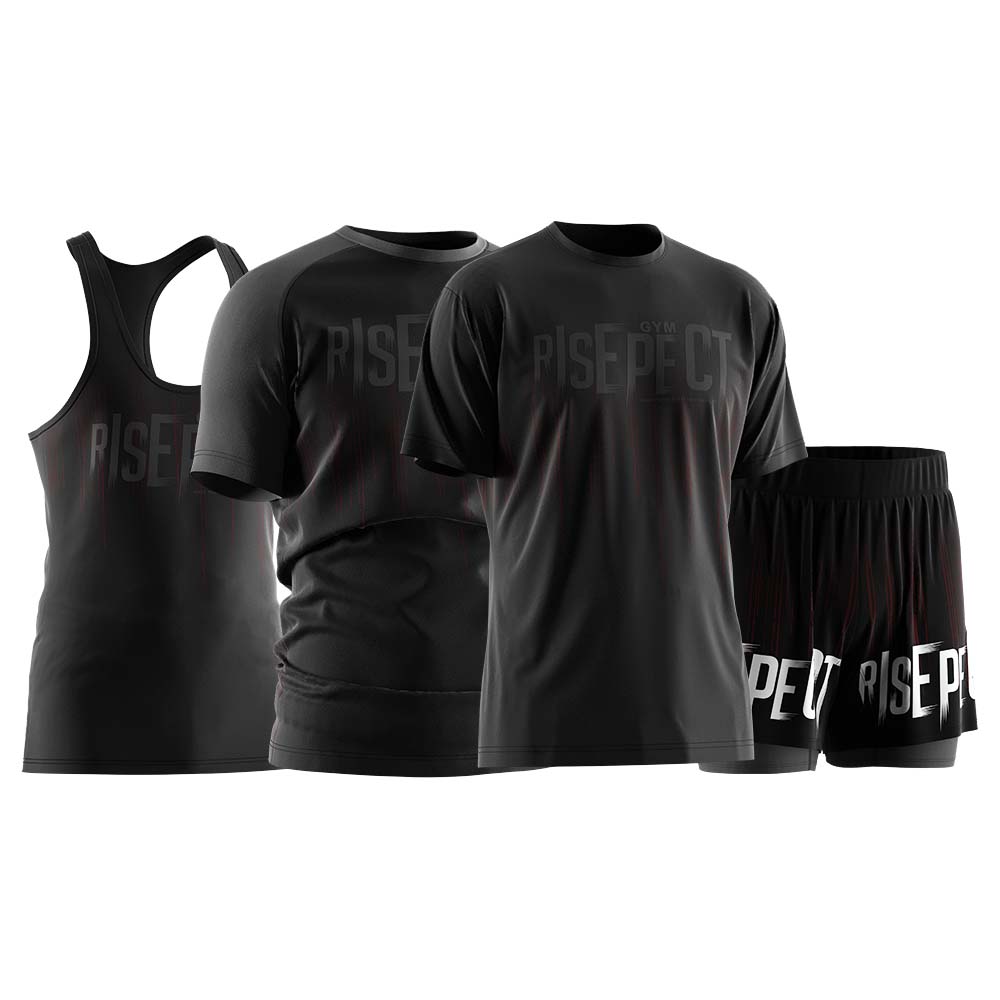 
                Rise athletic black stringers ss tees rashguards double shorts sets wholesale