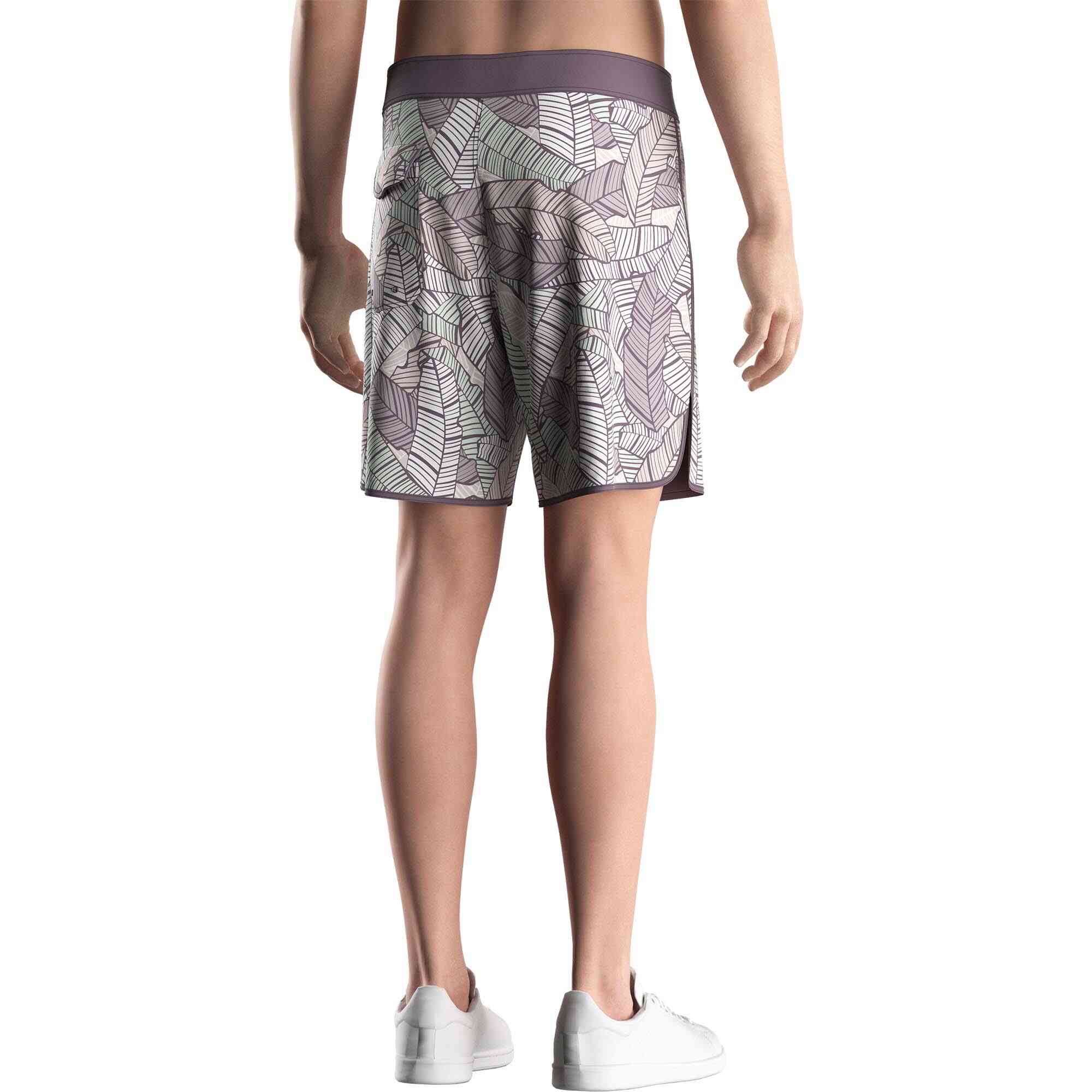 Men model in Rise swimwear 10 inch board shorts wholesale men purple leaves back
