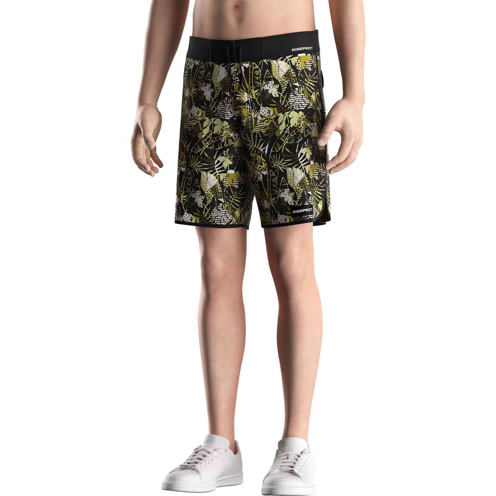Men model in Rise swimwear 9 inch board shorts wholesale men tropical front