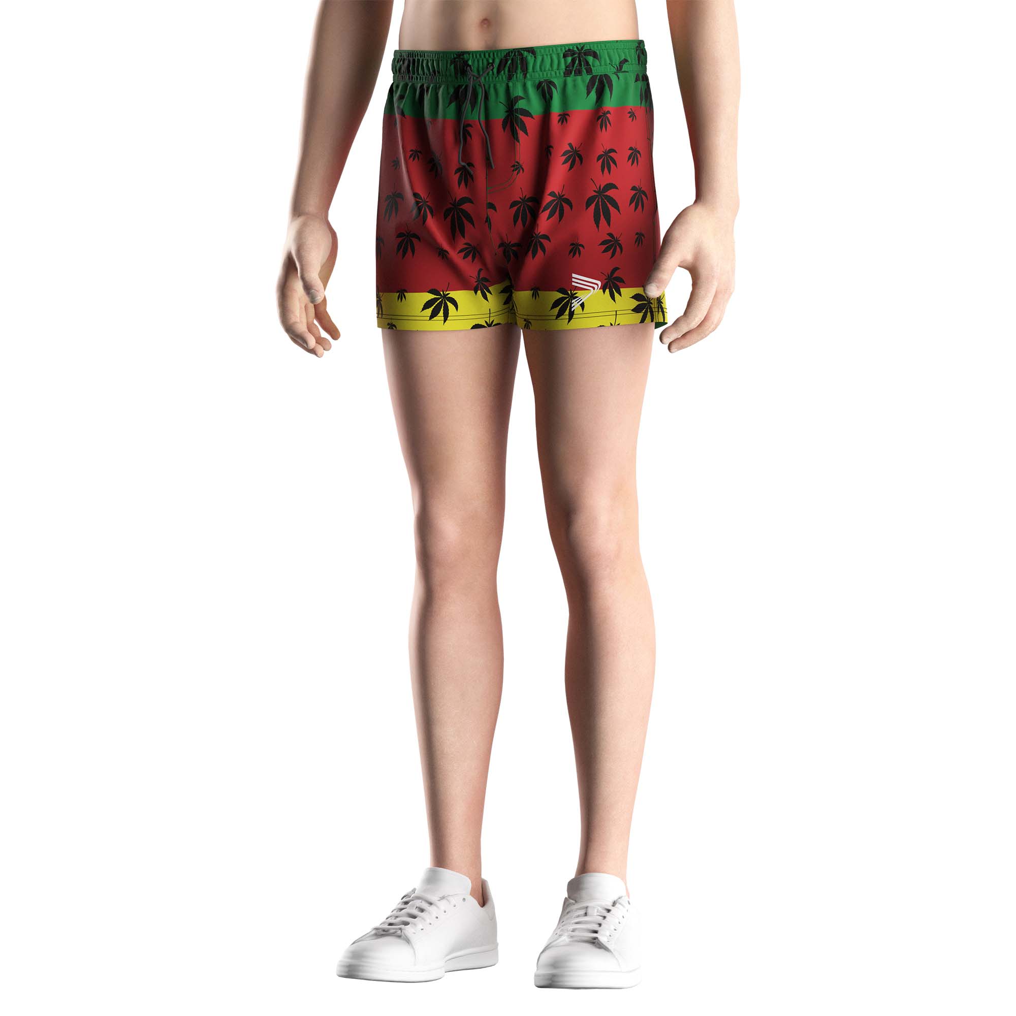 Male model in Rise swimwear wholesale mens swim trunks 3 inch inseam green red yellow trees front