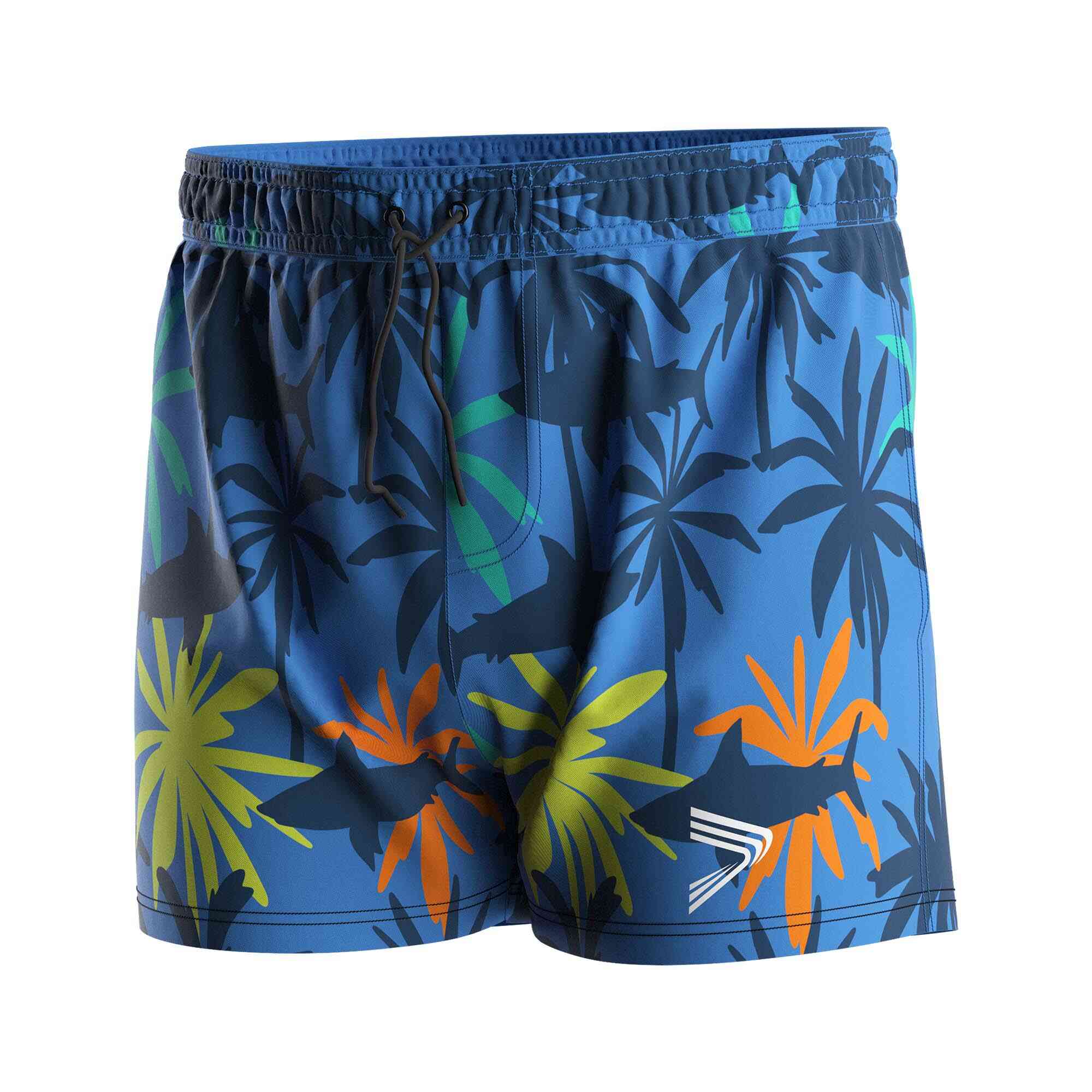 
                Rise swimwear wholesale mens 3 inch inseam swim trunks colorful island scenery